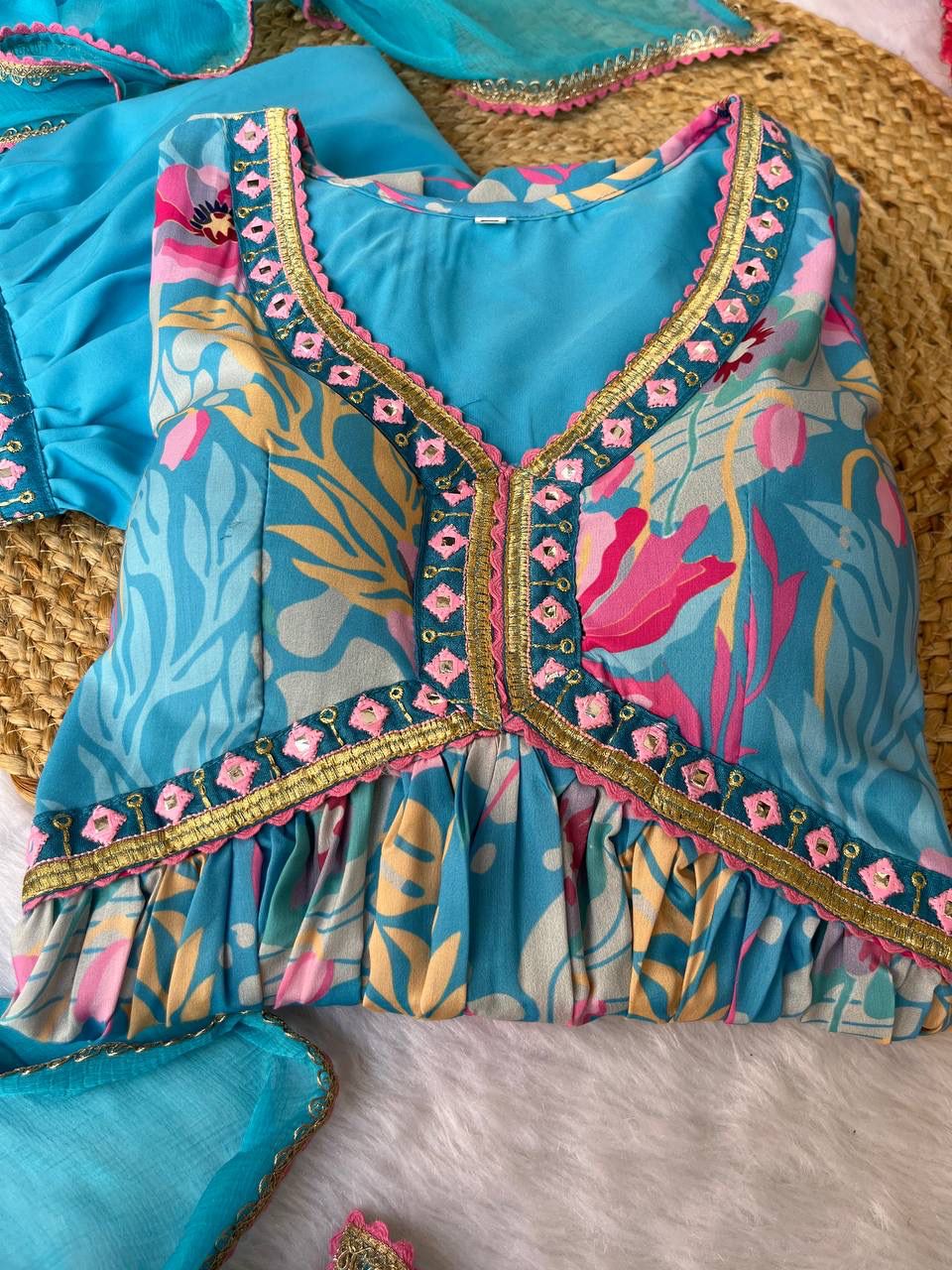 Spectacular Soft Cotton Printed Handworked Anarkali Pant Suit - Ethnicwish