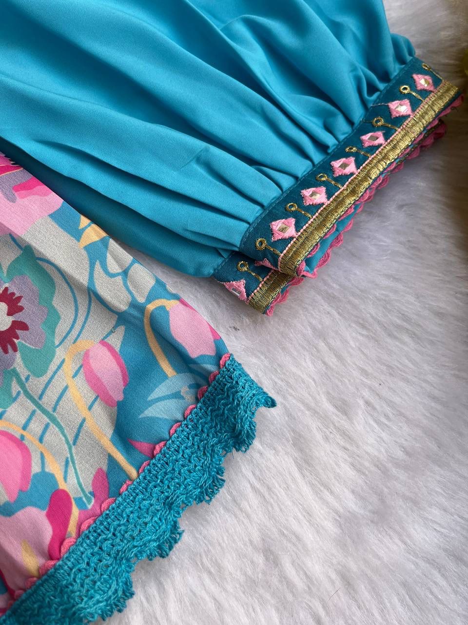 Spectacular Soft Cotton Printed Handworked Anarkali Pant Suit - Ethnicwish