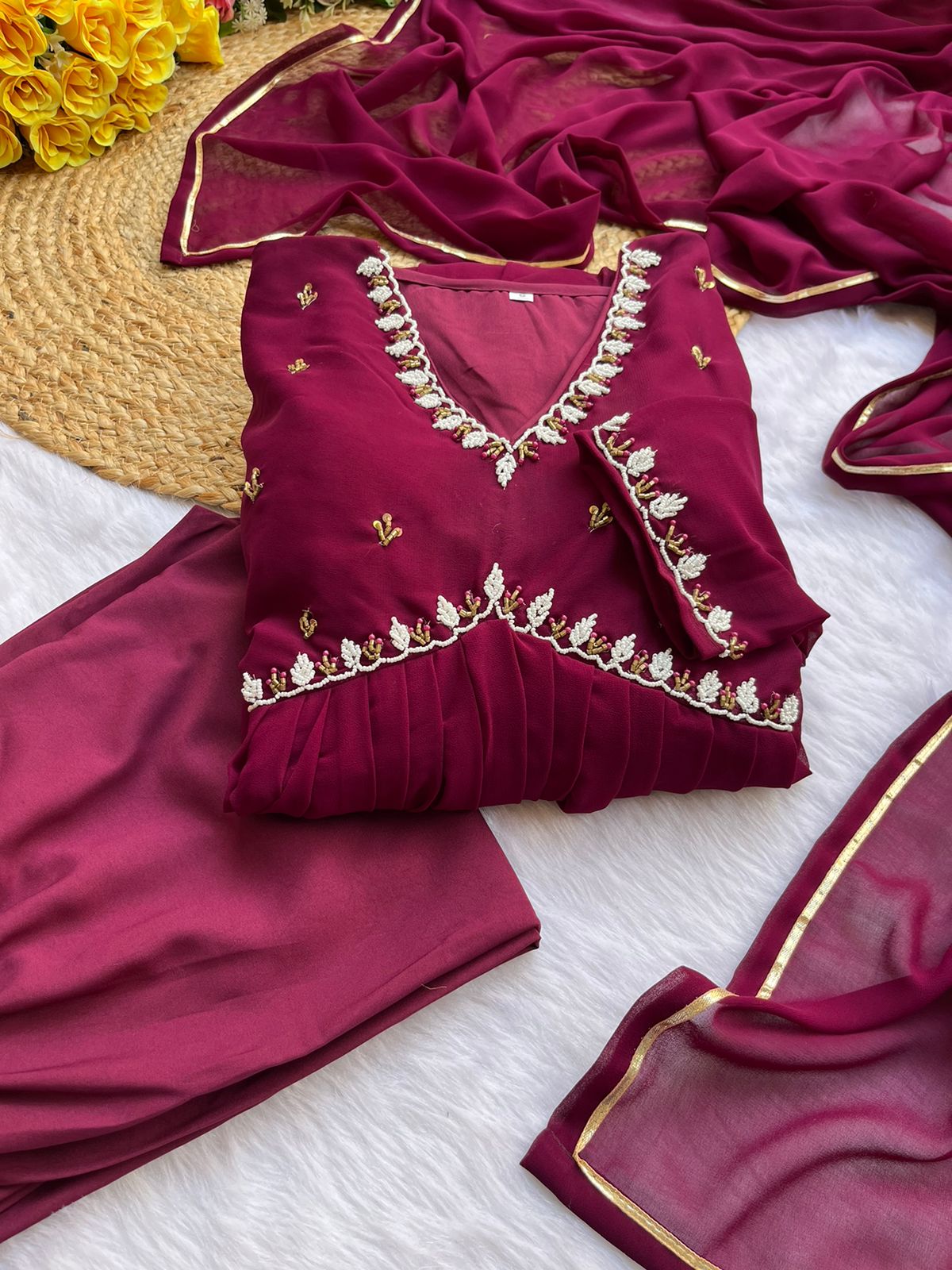 Exquisite Faux Georgette Festive Wear Handworked Suit - Ethnicwish