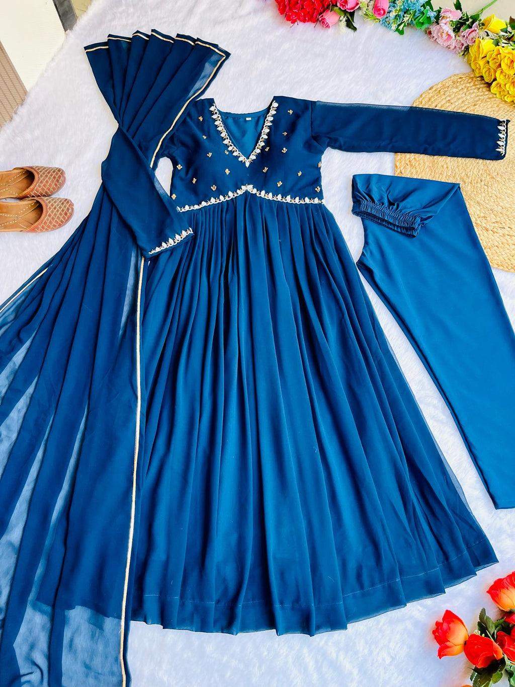 Exquisite Faux Georgette Festive Wear Handworked Suit - Ethnicwish