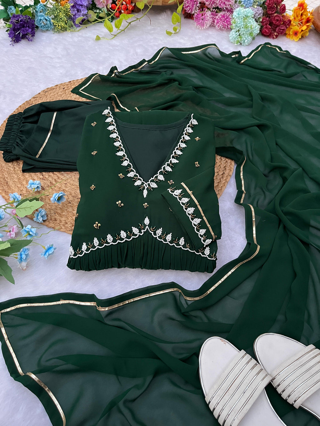 Exquisite Faux Georgette Festive Wear Handworked Suit - Ethnicwish