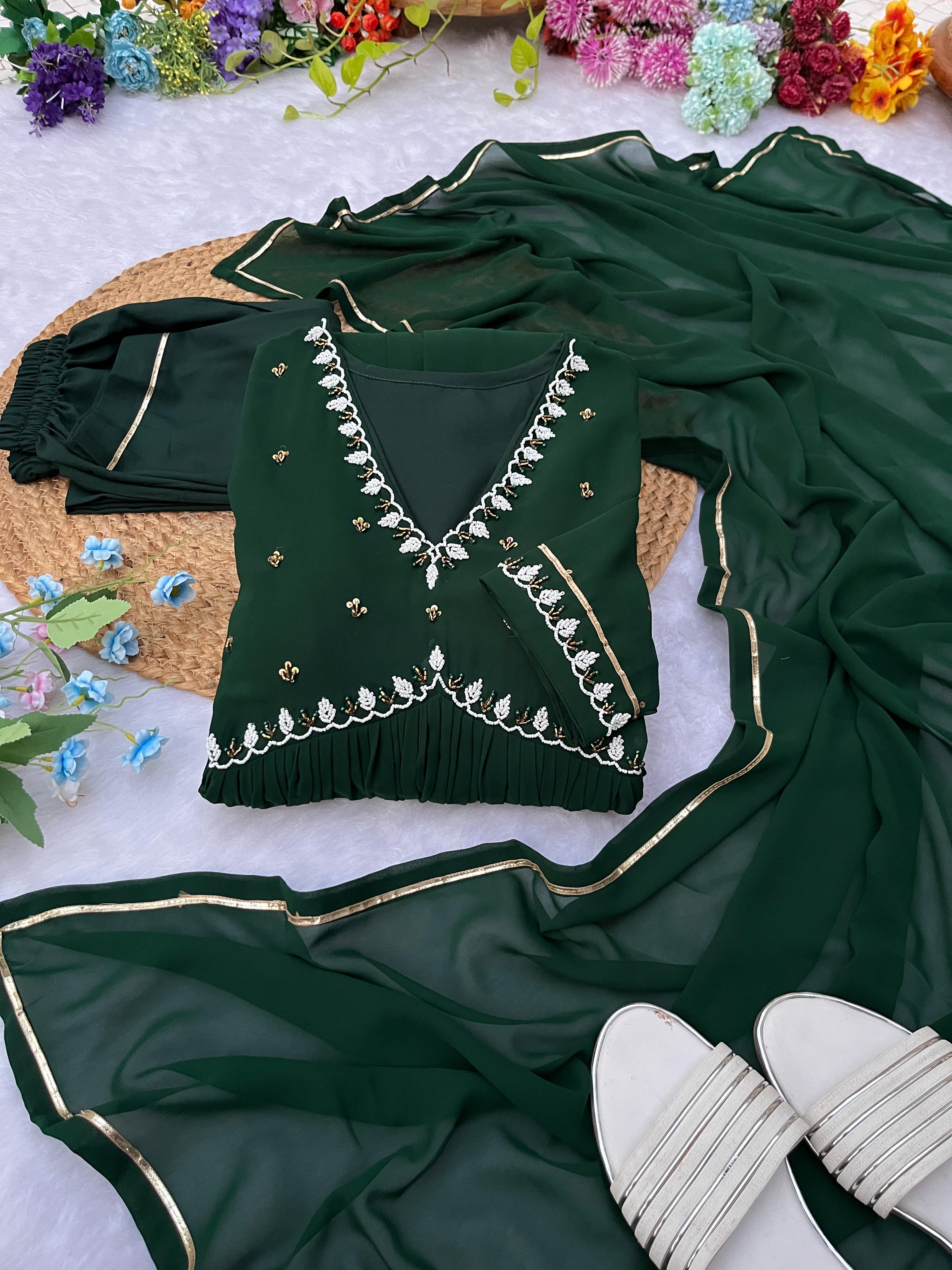 Exquisite Faux Georgette Festive Wear Handworked Suit - Ethnicwish