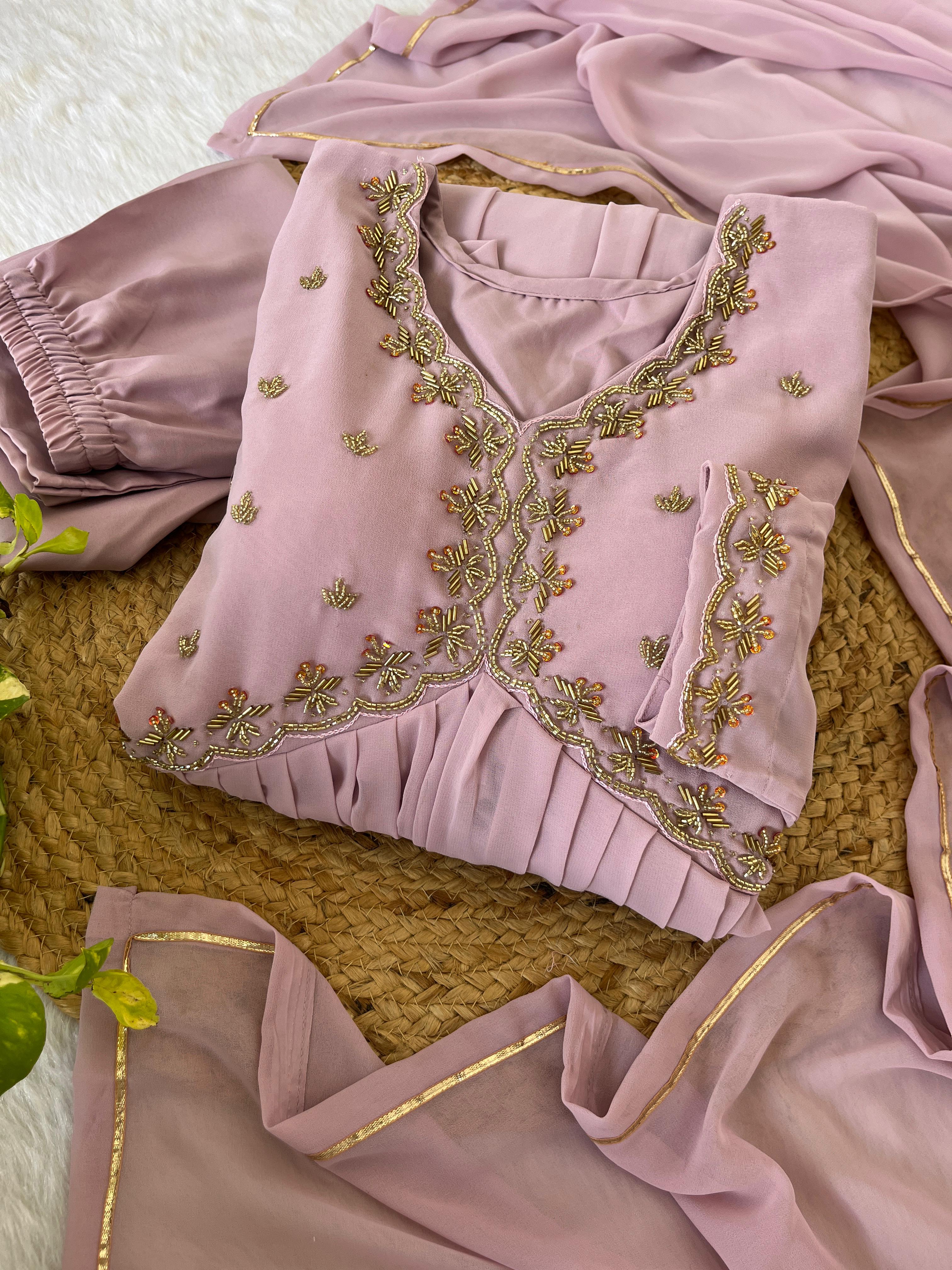 Alluring baby Pink Faux Georgette Handworked Anarkali Pant Suit - Ethnicwish