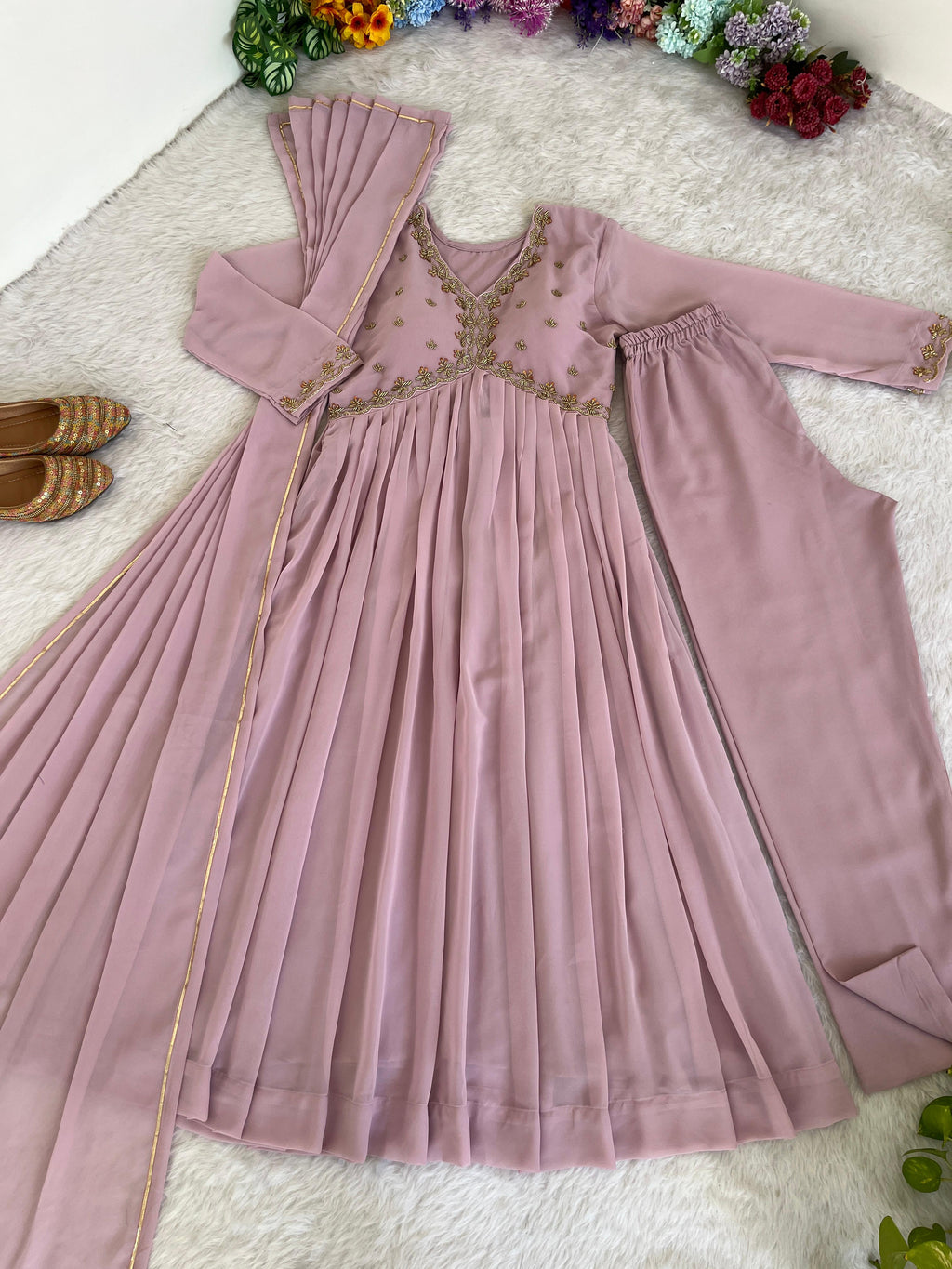 Alluring baby Pink Faux Georgette Handworked Anarkali Pant Suit - Ethnicwish