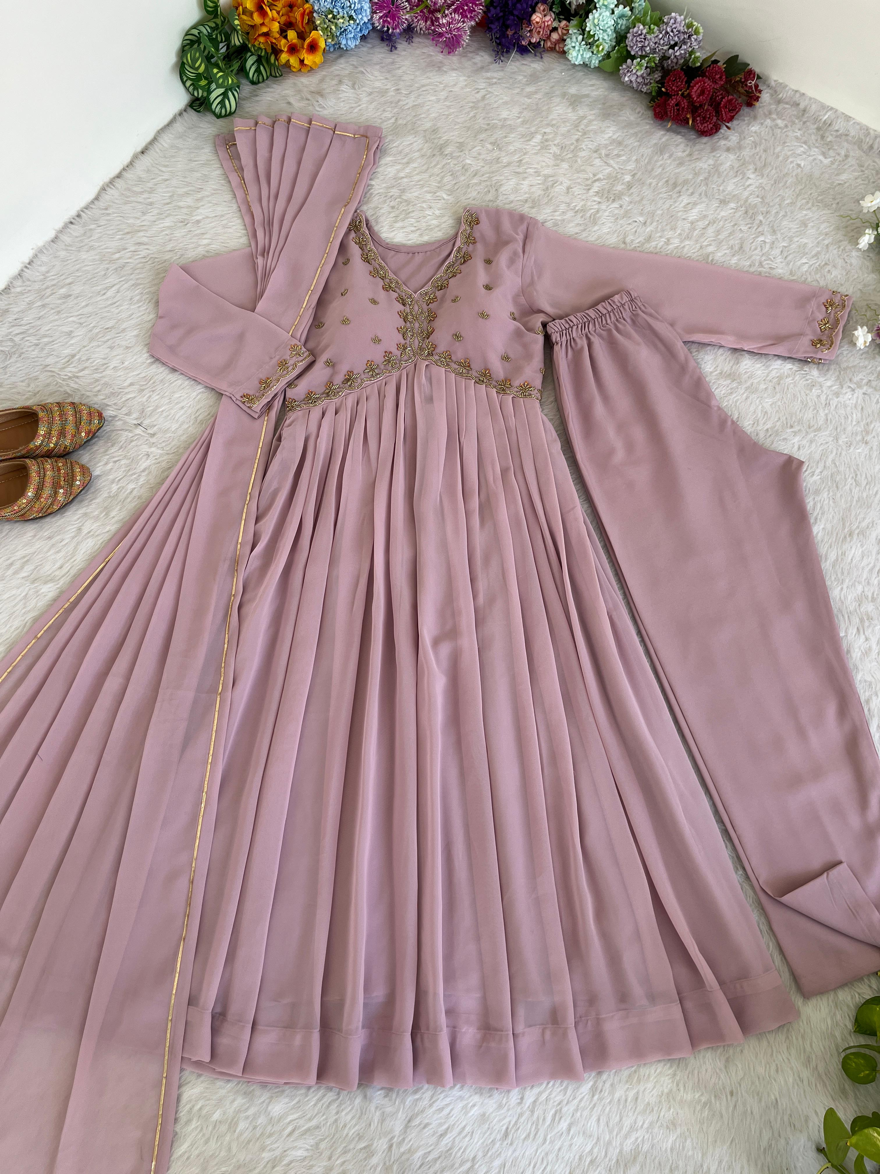 Alluring baby Pink Faux Georgette Handworked Anarkali Pant Suit - Ethnicwish