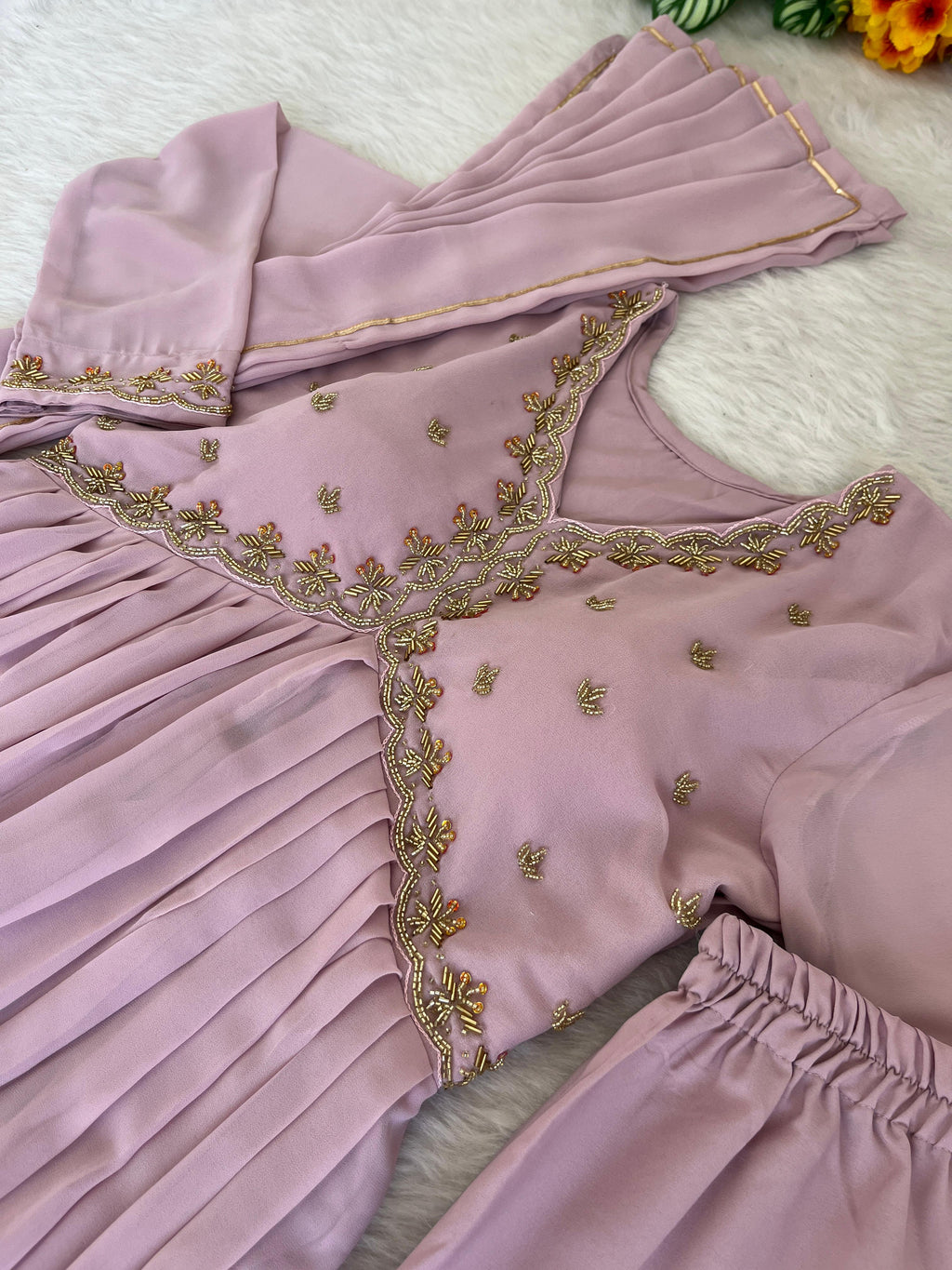 Alluring baby Pink Faux Georgette Handworked Anarkali Pant Suit - Ethnicwish