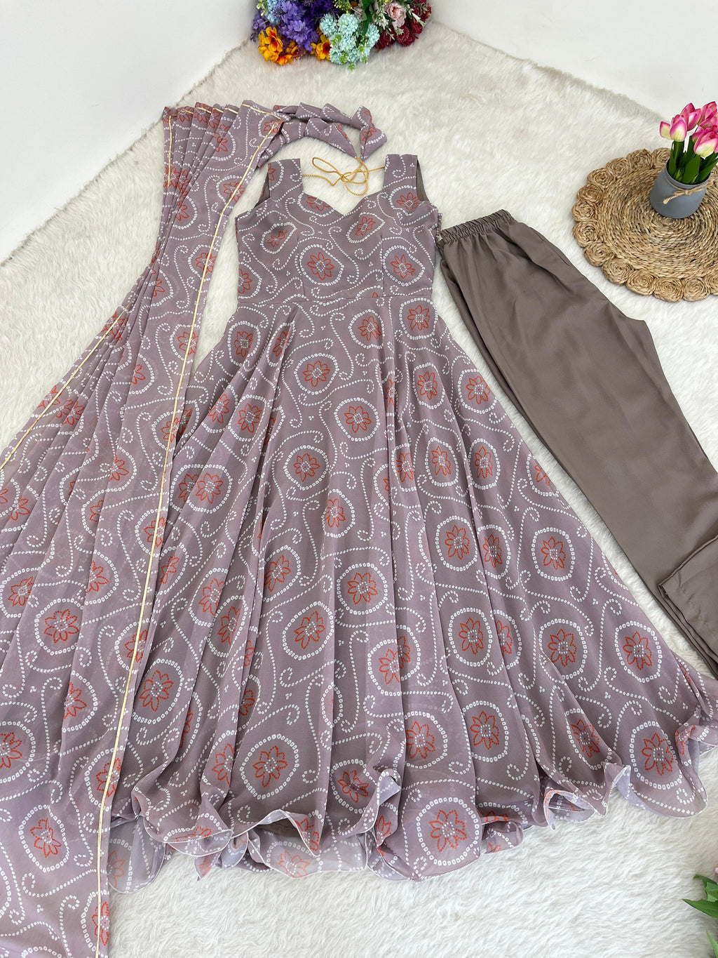 Alluring Faux Georgette Silk Digital Printed Anarkali Pant Suit - Ethnicwish