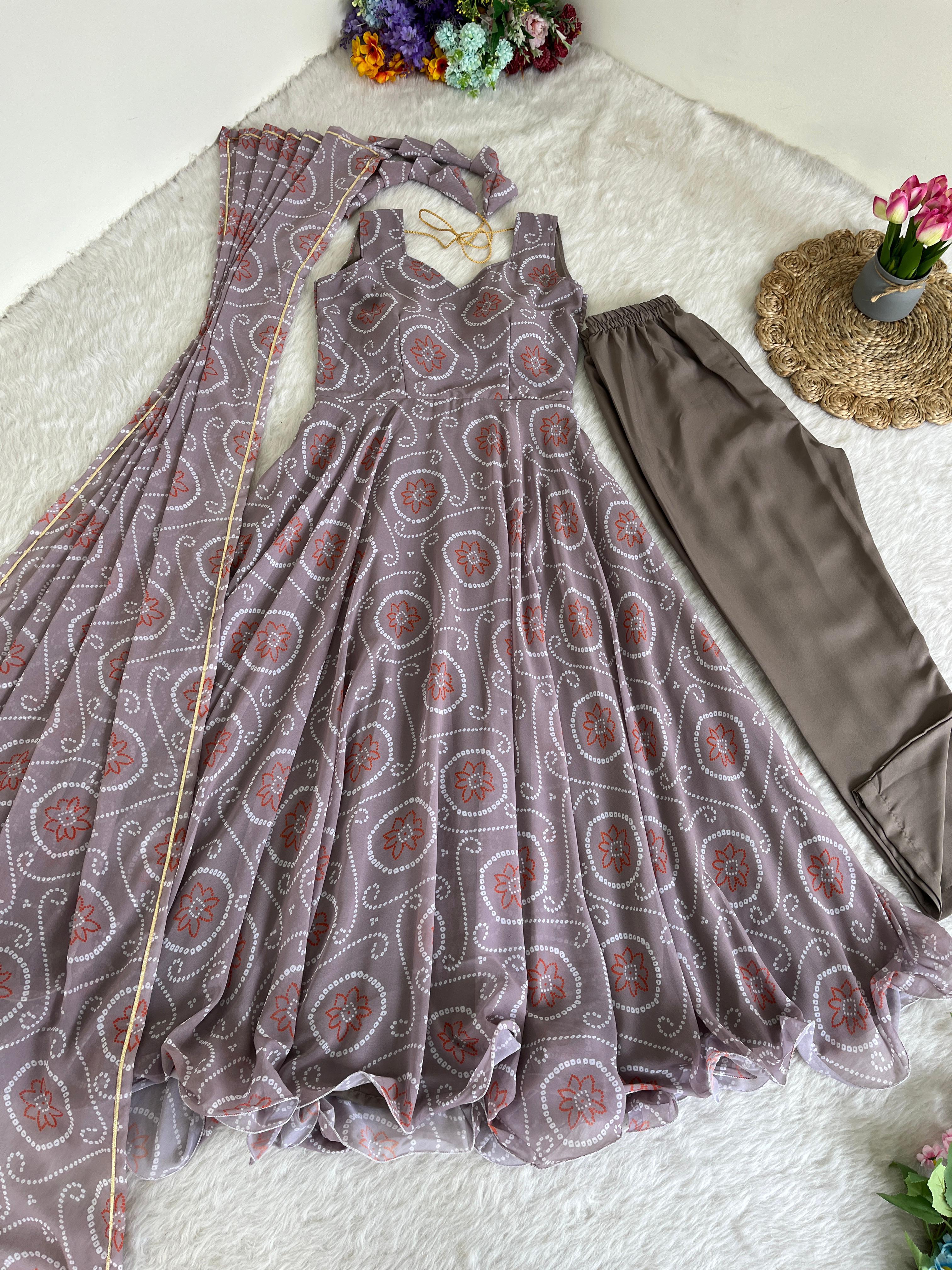 Alluring Faux Georgette Silk Digital Printed Anarkali Pant Suit - Ethnicwish