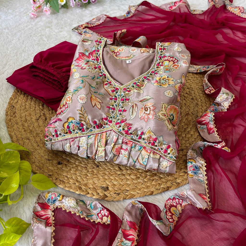Alluring Soft Chinon Floral Printed Handworked Festival Wear Suit - Ethnicwish