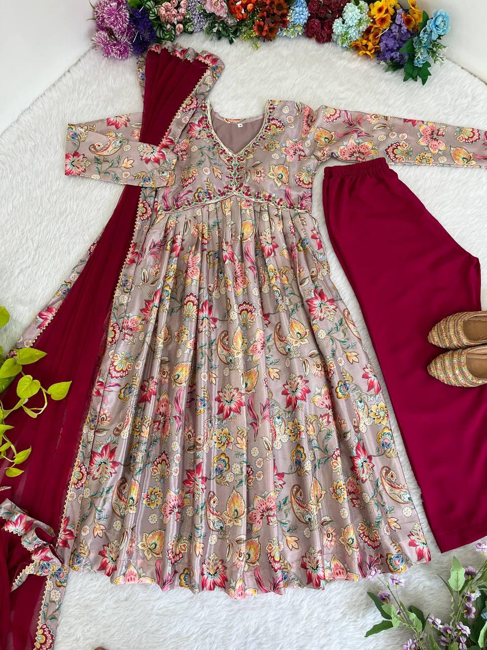 Alluring Soft Chinon Floral Printed Handworked Festival Wear Suit - Ethnicwish