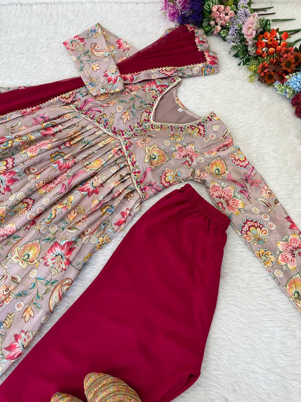 Alluring Soft Chinon Floral Printed Handworked Festival Wear Suit - Ethnicwish