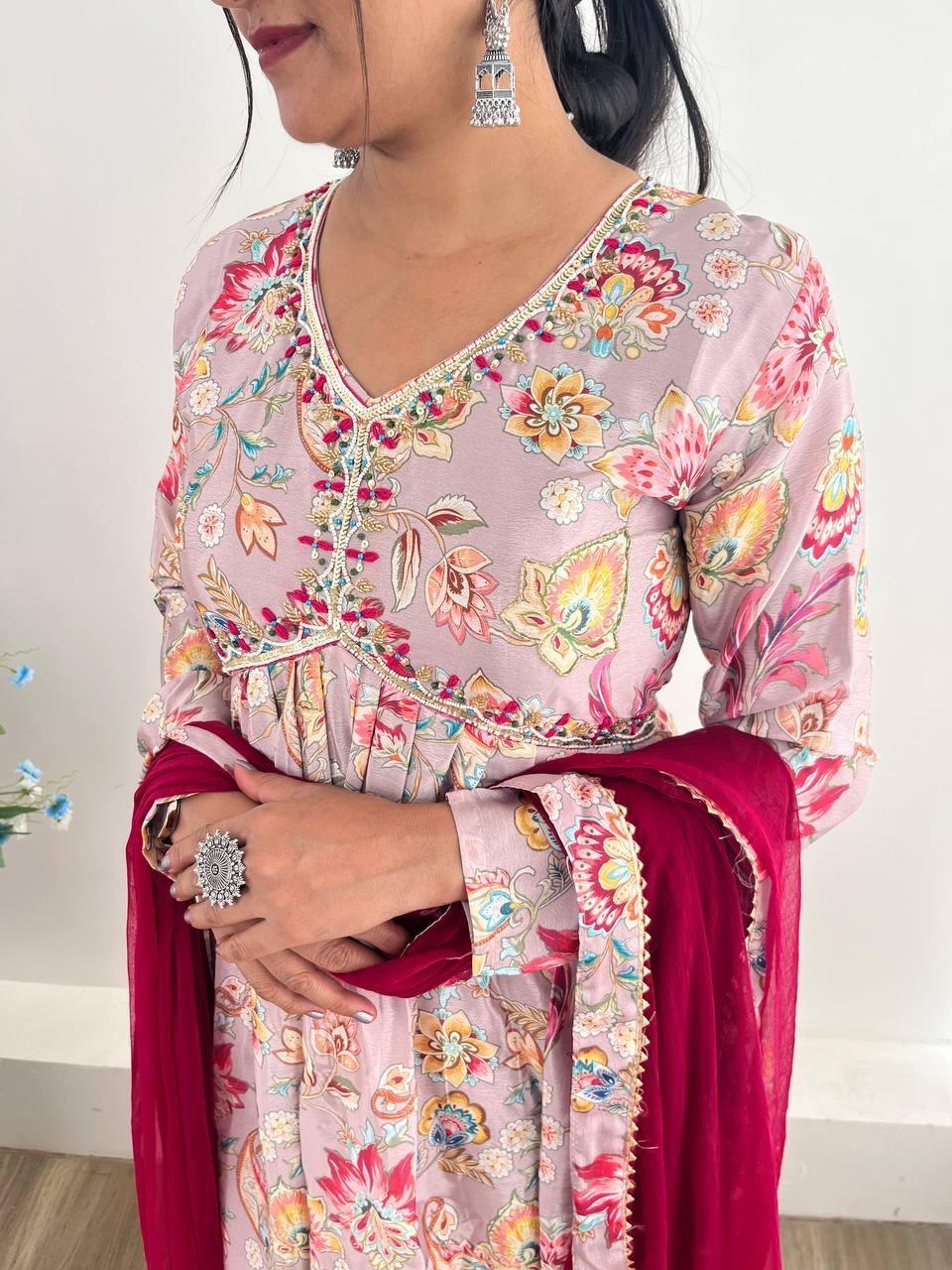 Alluring Soft Chinon Floral Printed Handworked Festival Wear Suit - Ethnicwish