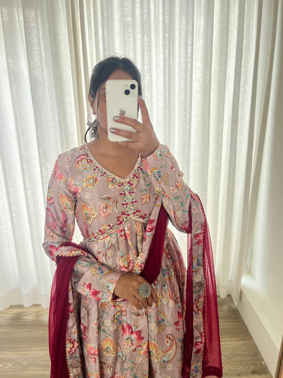 Alluring Soft Chinon Floral Printed Handworked Festival Wear Suit - Ethnicwish