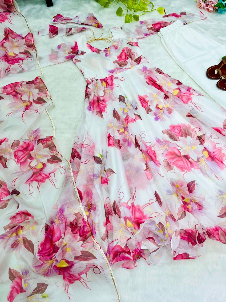 Breathtaking White Floral Digital Printed Organza Silk Anarkali Pant Suit - Ethnicwish