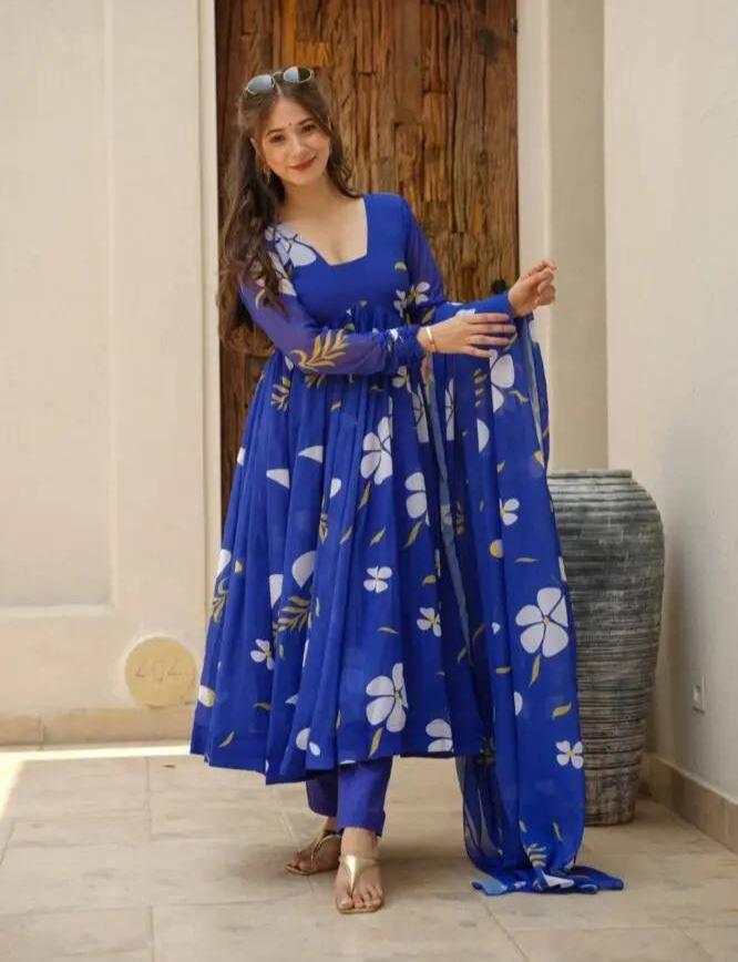 Delightful Blue Faux Georgette Floral Printed Anarkali Pant Suit - Ethnicwish