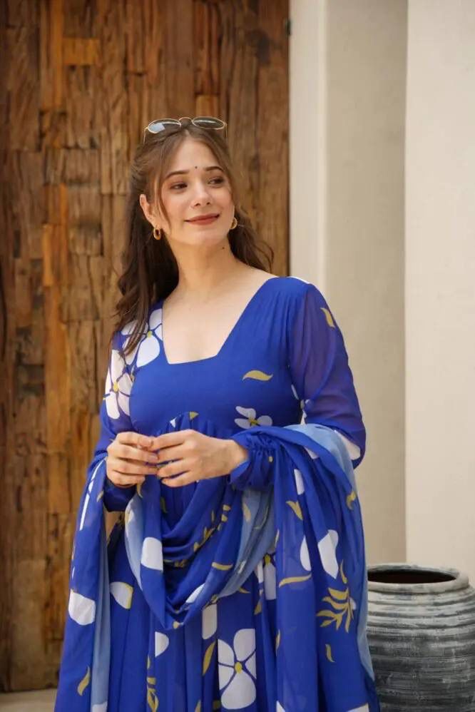 Delightful Blue Faux Georgette Floral Printed Anarkali Pant Suit - Ethnicwish