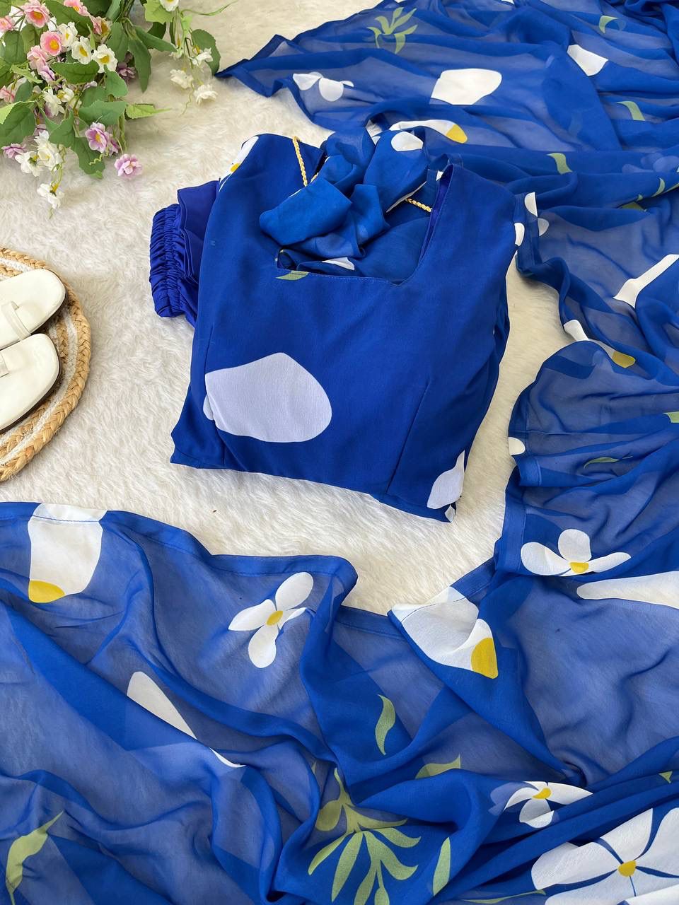 Delightful Blue Faux Georgette Floral Printed Anarkali Pant Suit - Ethnicwish