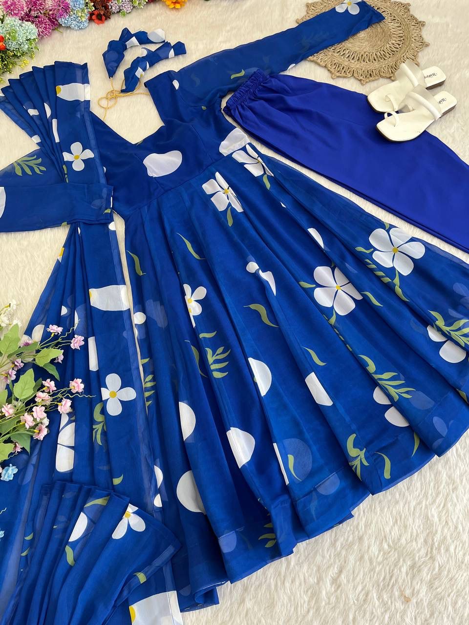 Delightful Blue Faux Georgette Floral Printed Anarkali Pant Suit - Ethnicwish