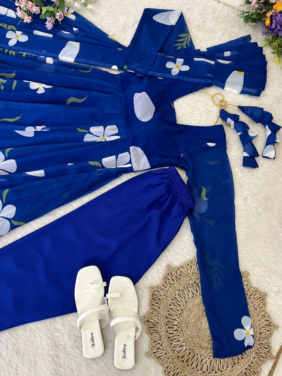 Delightful Blue Faux Georgette Floral Printed Anarkali Pant Suit - Ethnicwish