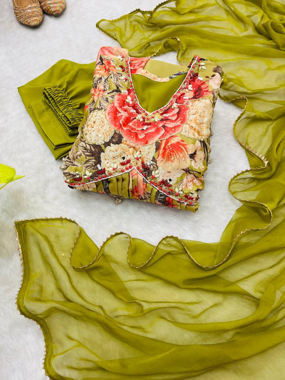 Fabulous Green Soft Chinon Floral Printed Handworked Festive Wear Suit - Ethnicwish