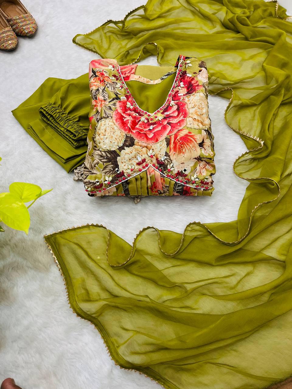 Fabulous Green Soft Chinon Floral Printed Handworked Festive Wear Suit - Ethnicwish