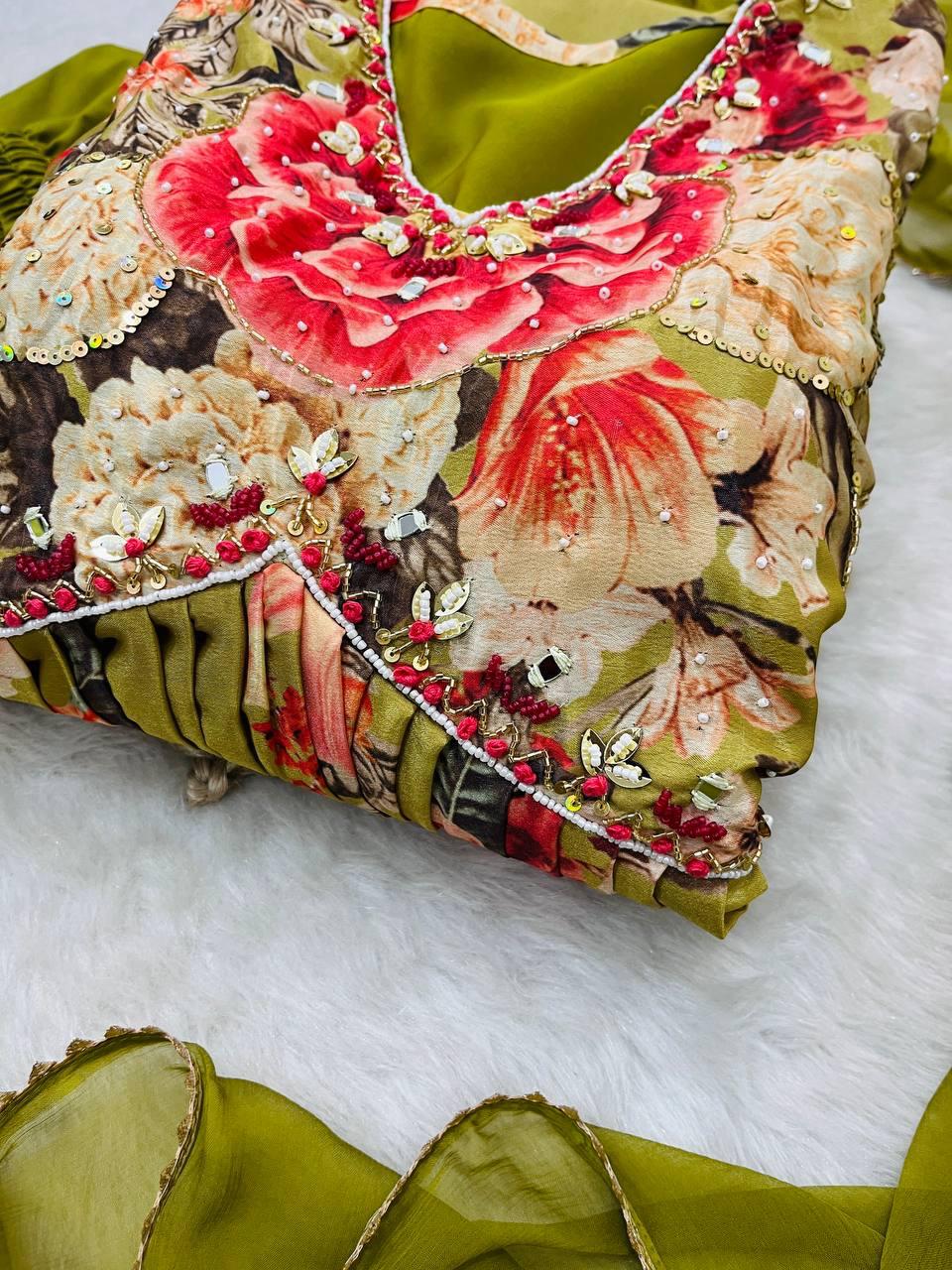 Fabulous Green Soft Chinon Floral Printed Handworked Festive Wear Suit - Ethnicwish