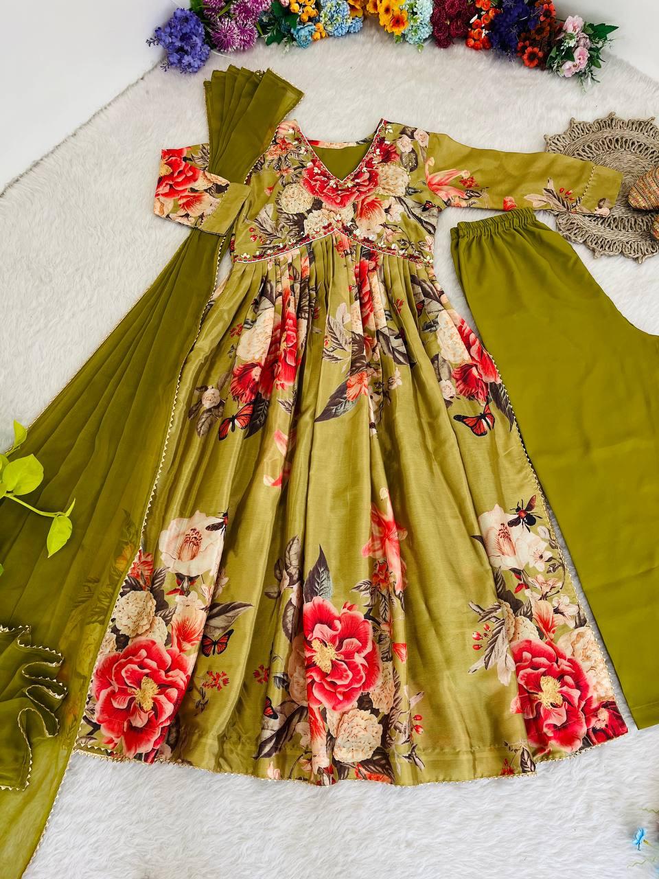 Fabulous Green Soft Chinon Floral Printed Handworked Festive Wear Suit - Ethnicwish