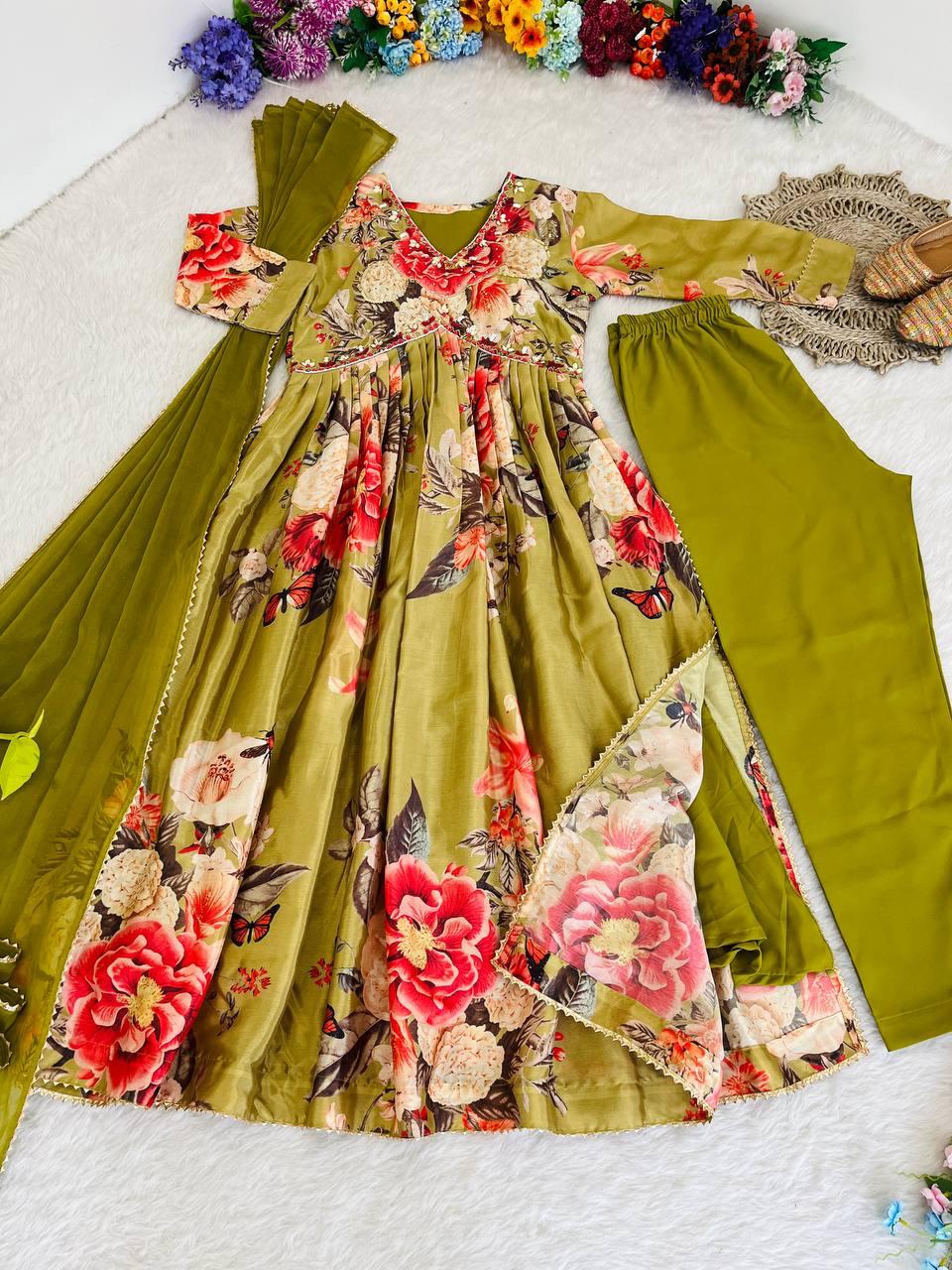 Fabulous Green Soft Chinon Floral Printed Handworked Festive Wear Suit - Ethnicwish