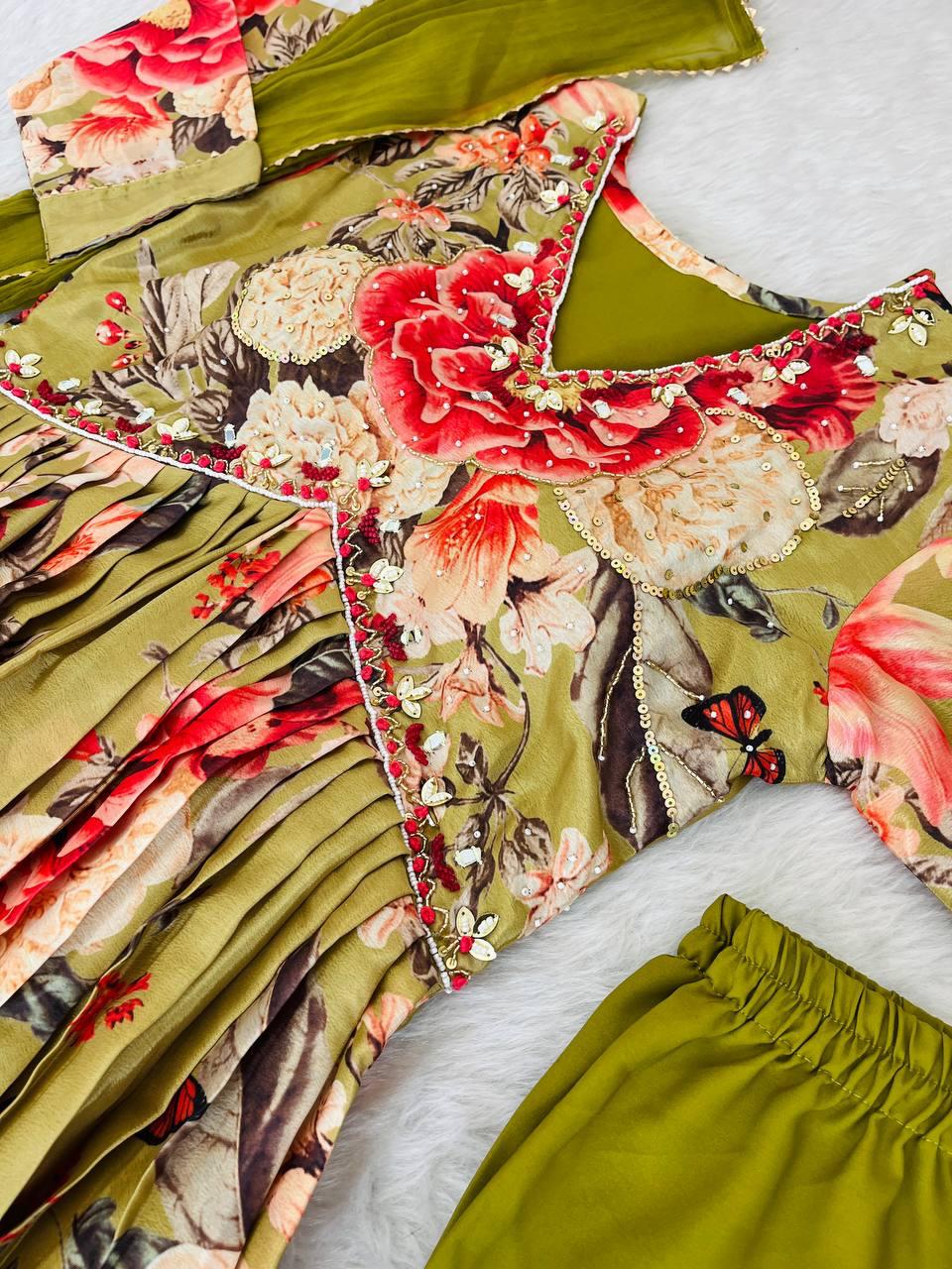 Fabulous Green Soft Chinon Floral Printed Handworked Festive Wear Suit - Ethnicwish