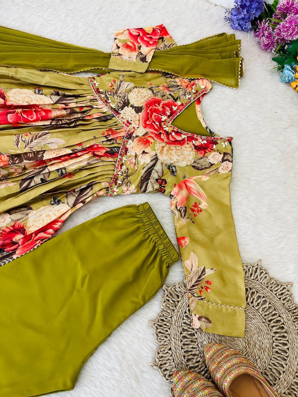 Fabulous Green Soft Chinon Floral Printed Handworked Festive Wear Suit - Ethnicwish