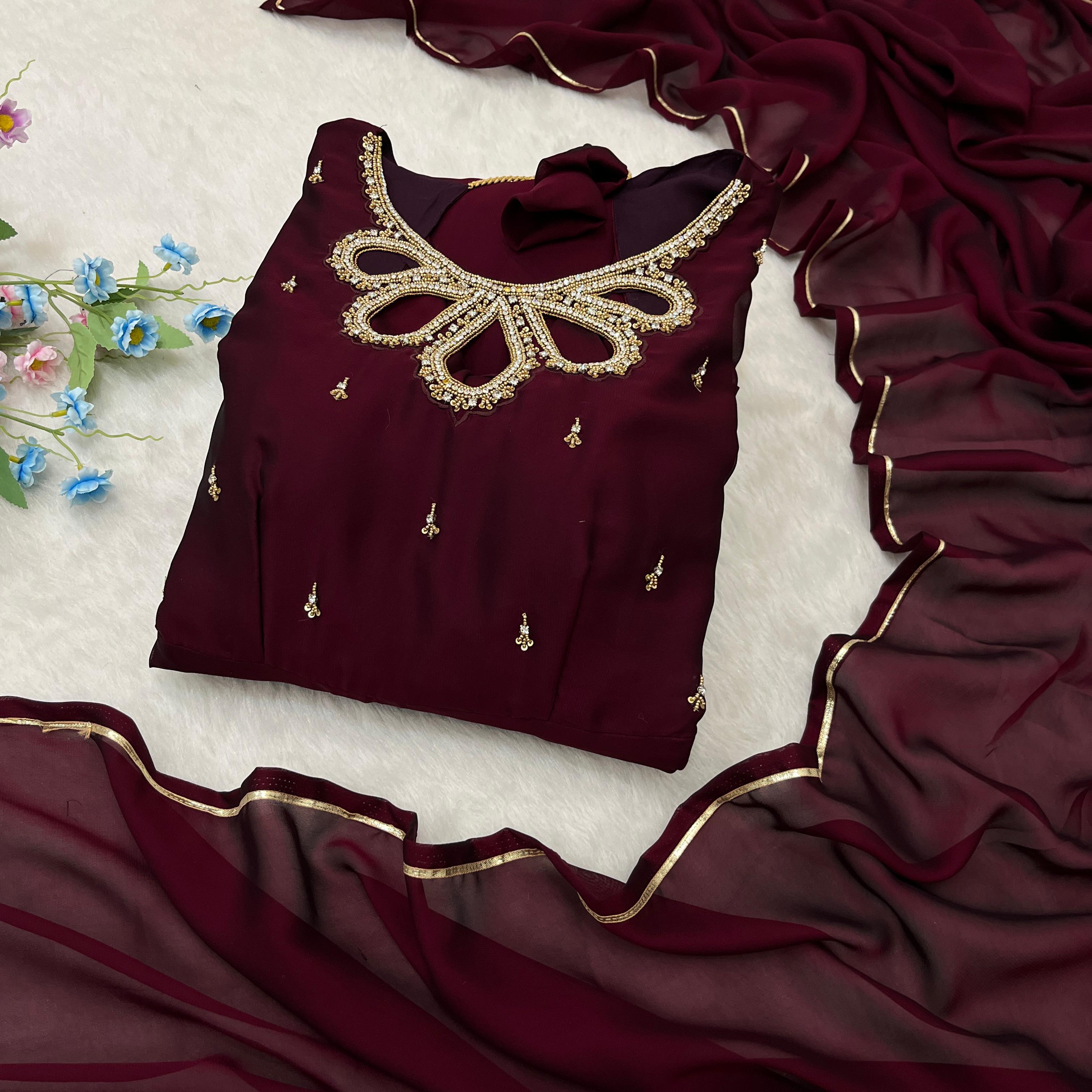 Fabulous Wine Rangoli Georgette Fancy Neck Handworked Gown - Ethnicwish