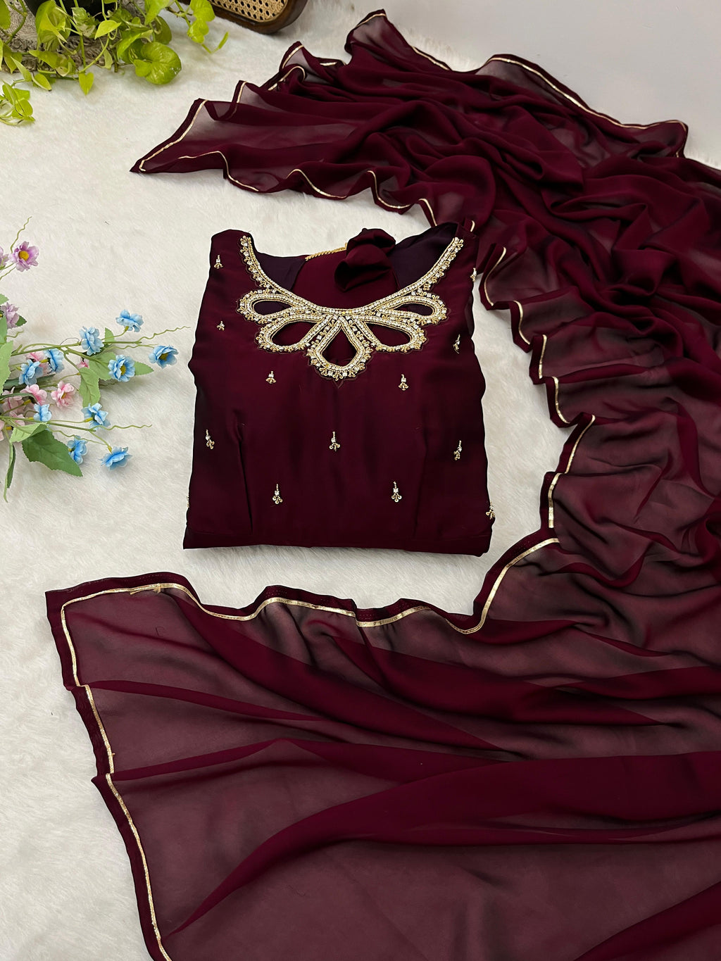 Fabulous Wine Rangoli Georgette Fancy Neck Handworked Gown - Ethnicwish