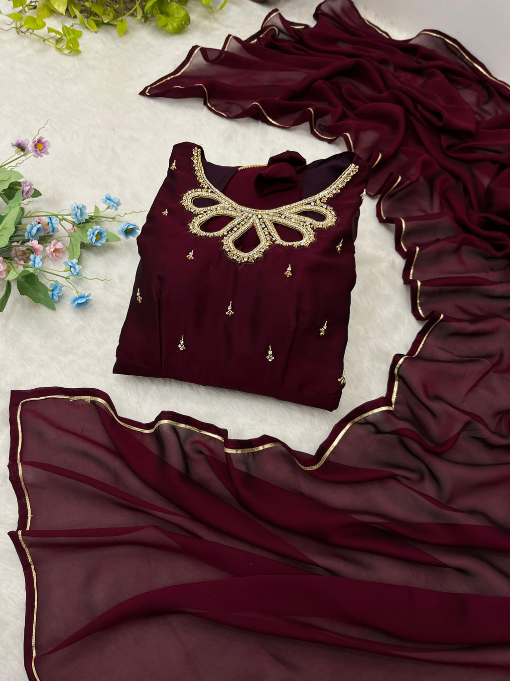 Fabulous Wine Rangoli Georgette Fancy Neck Handworked Gown - Ethnicwish