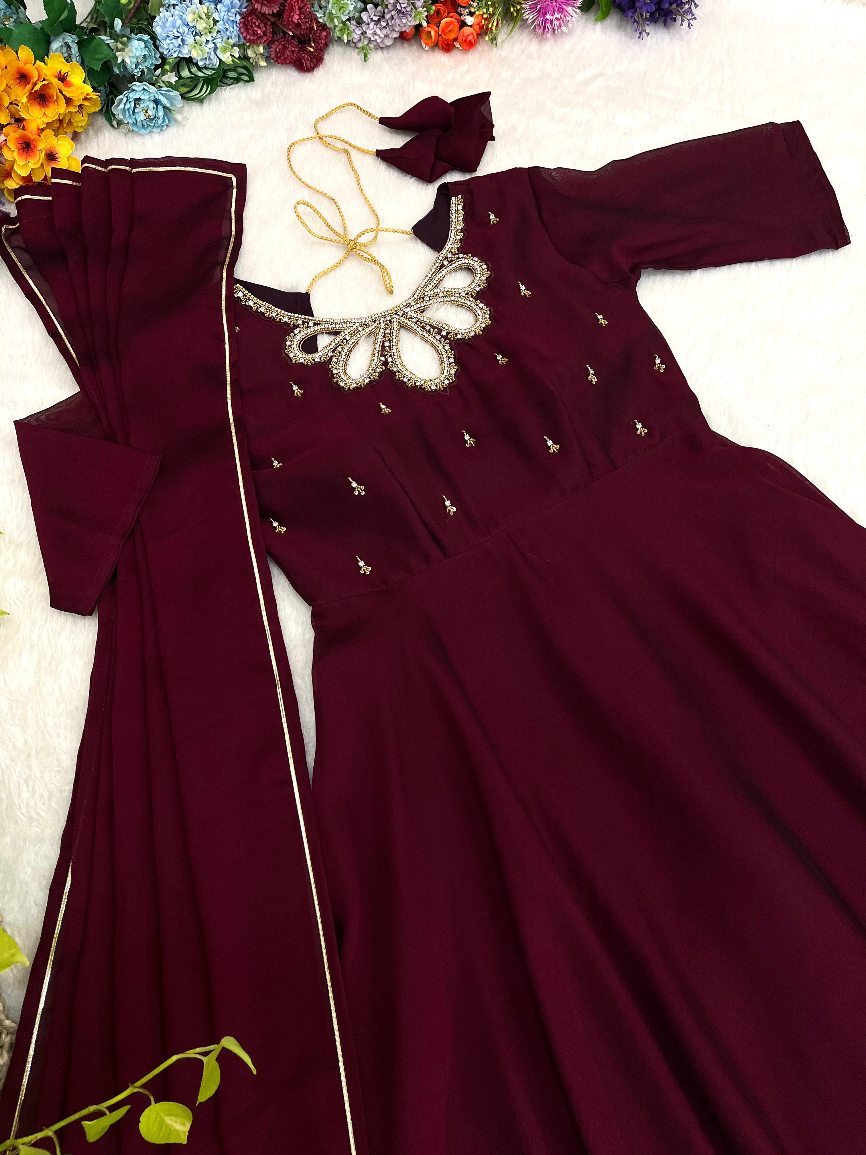 Fabulous Wine Rangoli Georgette Fancy Neck Handworked Gown - Ethnicwish