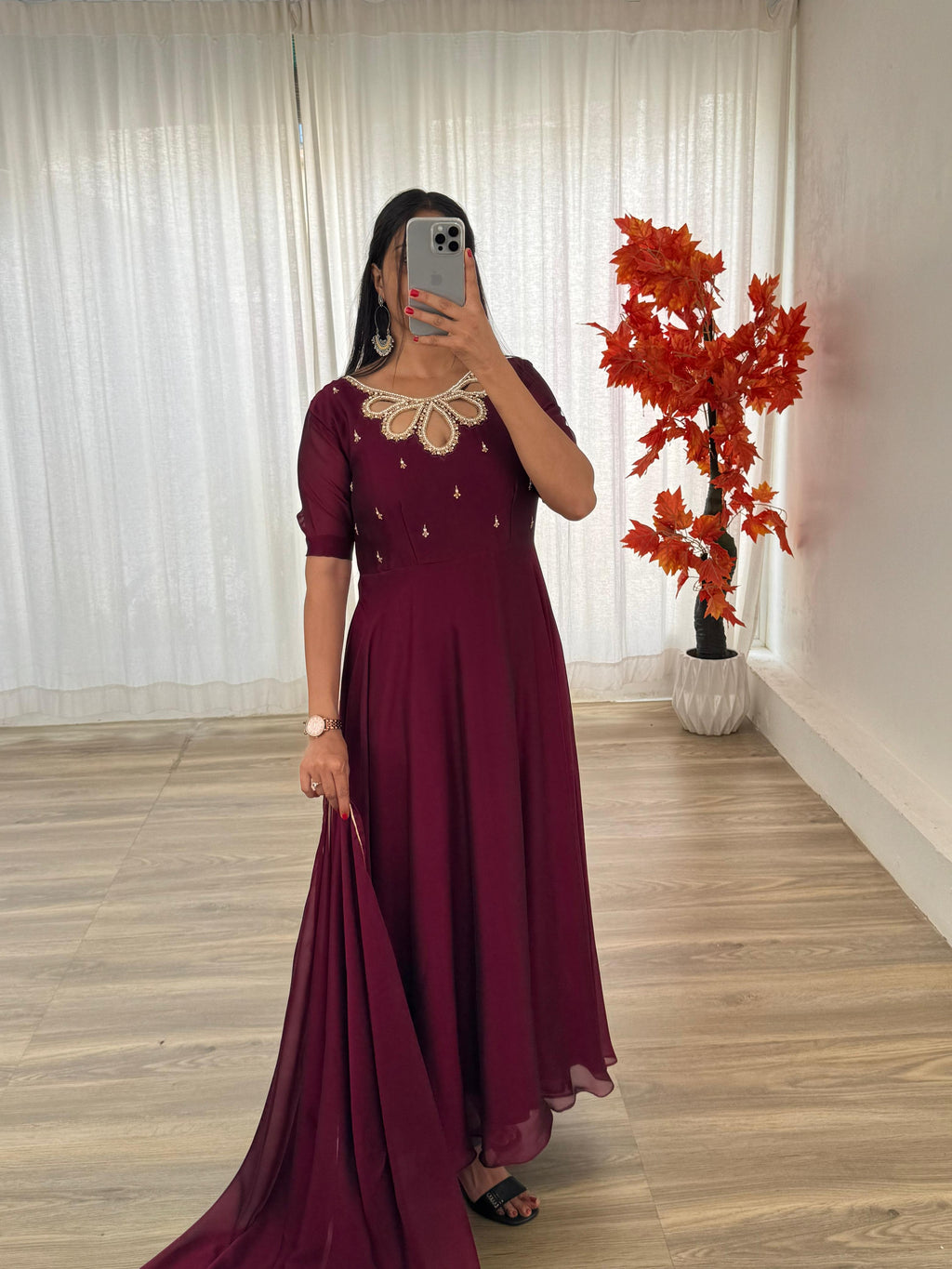 Fabulous Wine Rangoli Georgette Fancy Neck Handworked Gown - Ethnicwish