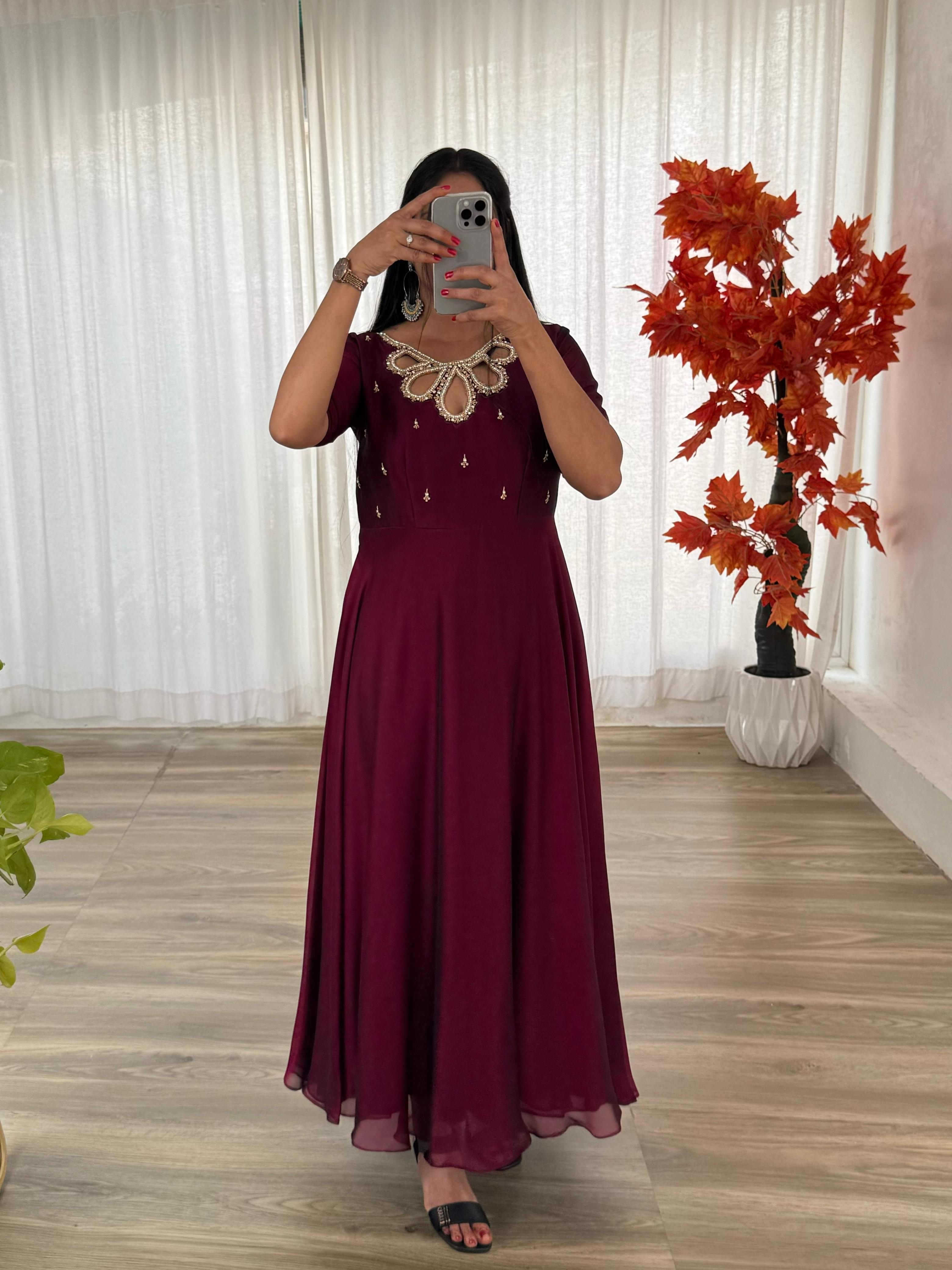 Fabulous Wine Rangoli Georgette Fancy Neck Handworked Gown - Ethnicwish