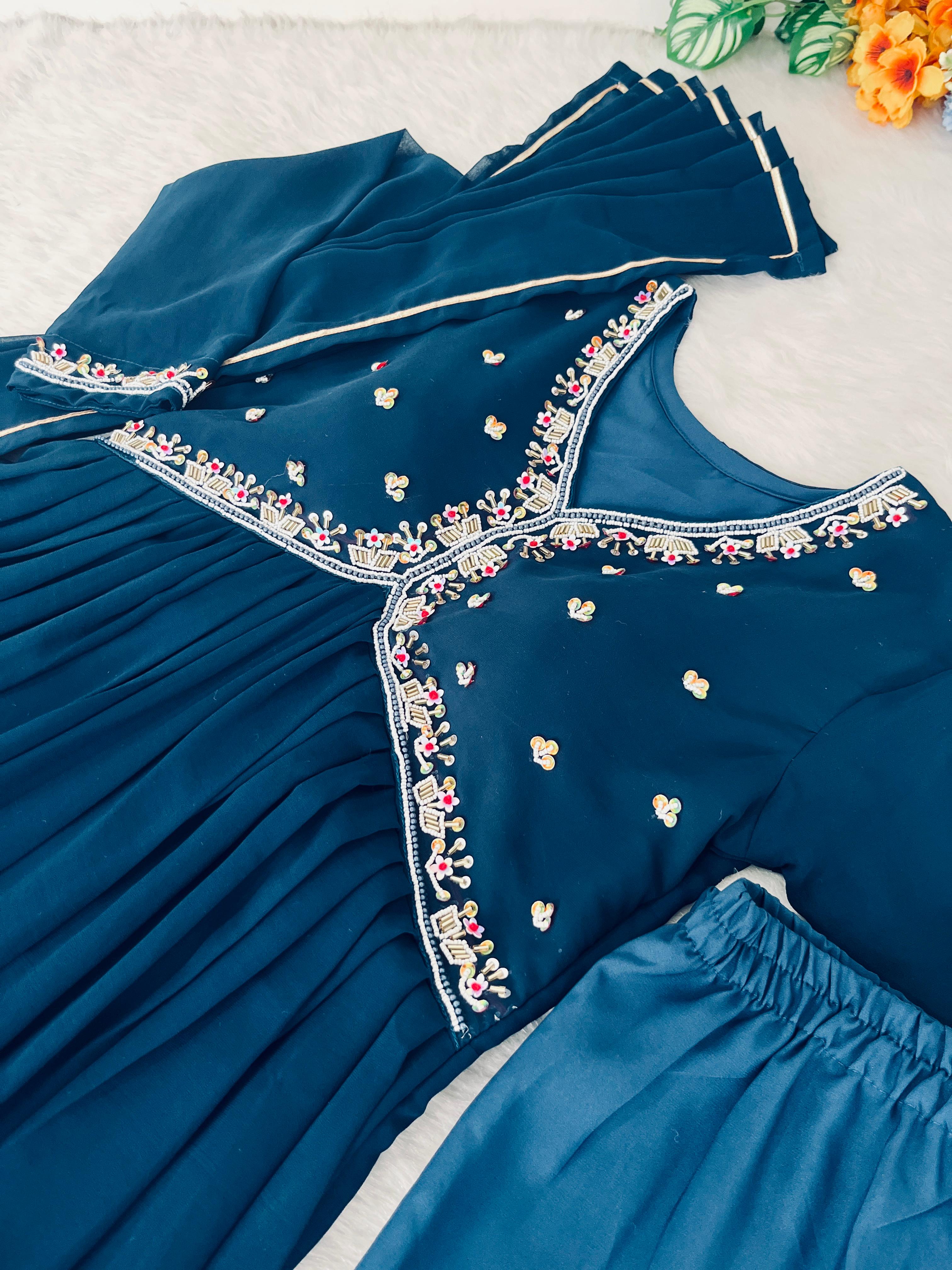 Graceful Navy Blue Faux Georgette Handworked Anarkali Pant Suit - Ethnicwish