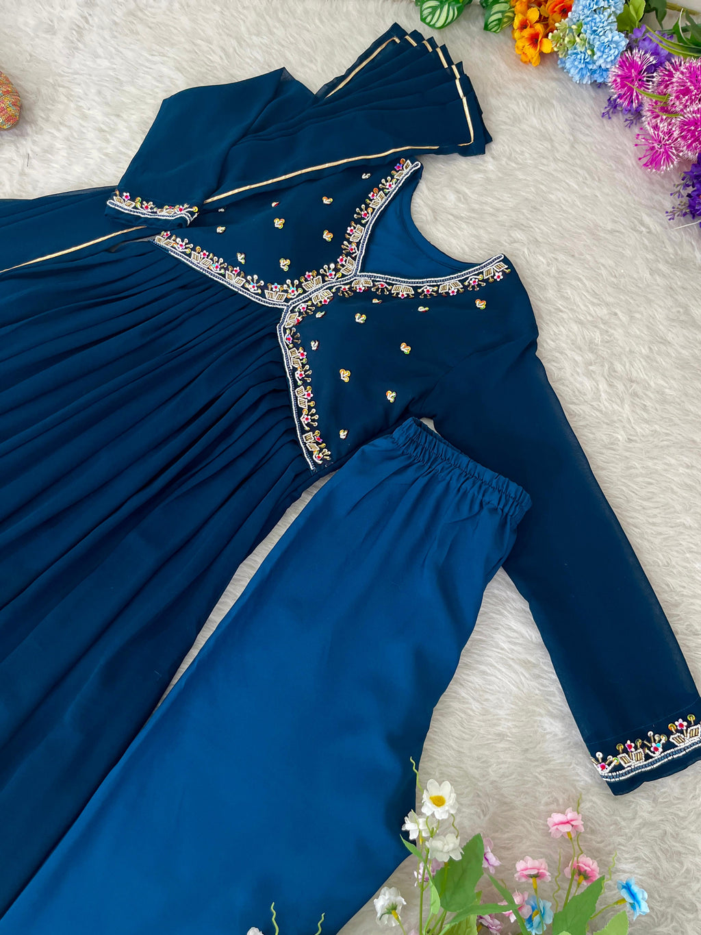 Graceful Navy Blue Faux Georgette Handworked Anarkali Pant Suit - Ethnicwish
