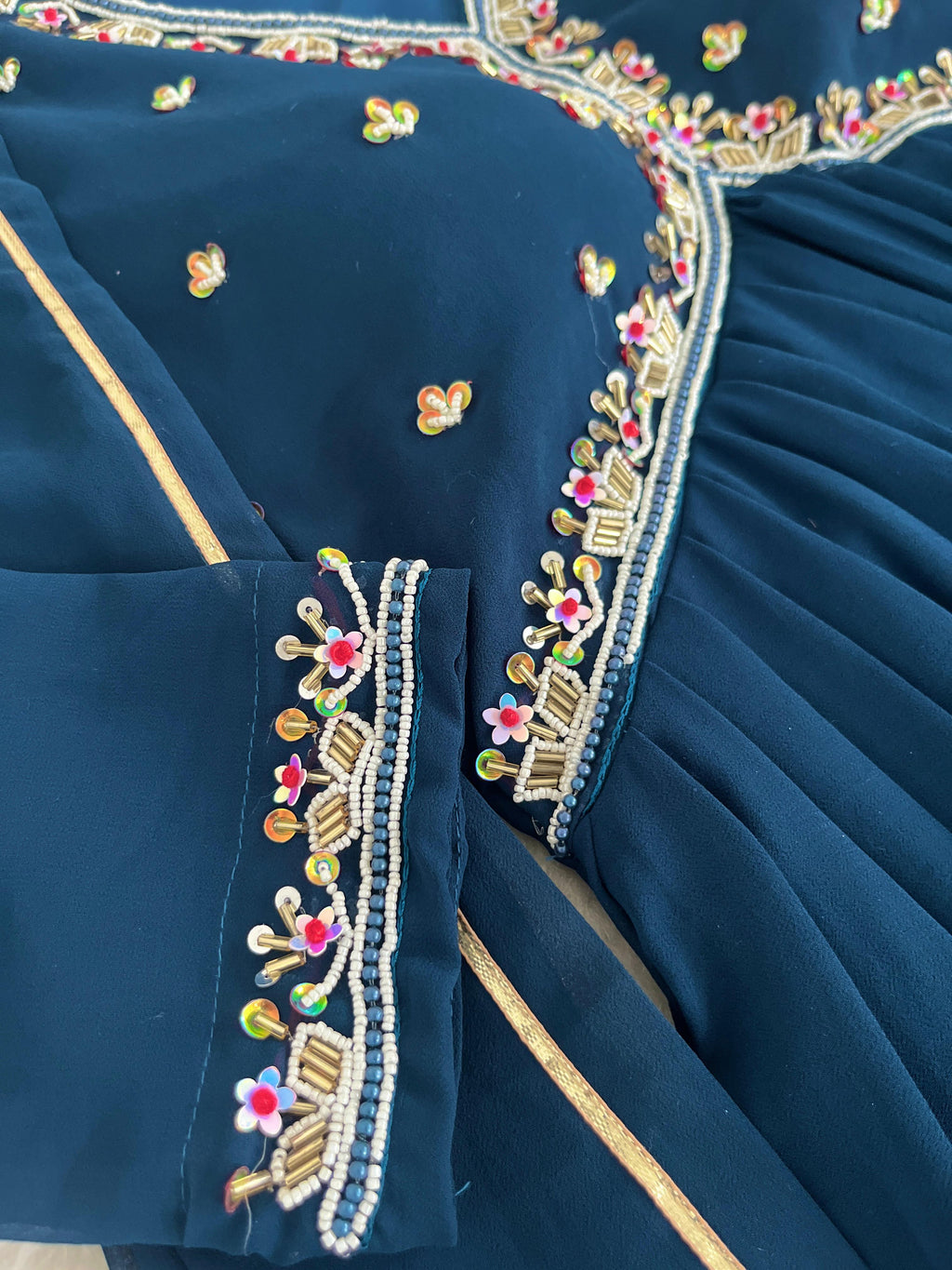 Graceful Navy Blue Faux Georgette Handworked Anarkali Pant Suit - Ethnicwish