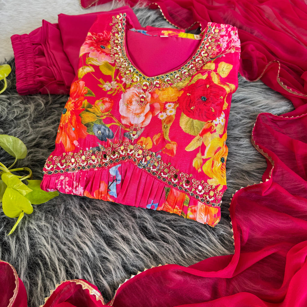 Graceful Pink Floral Printed Handworked Anarkali Pant Suit - Ethnicwish