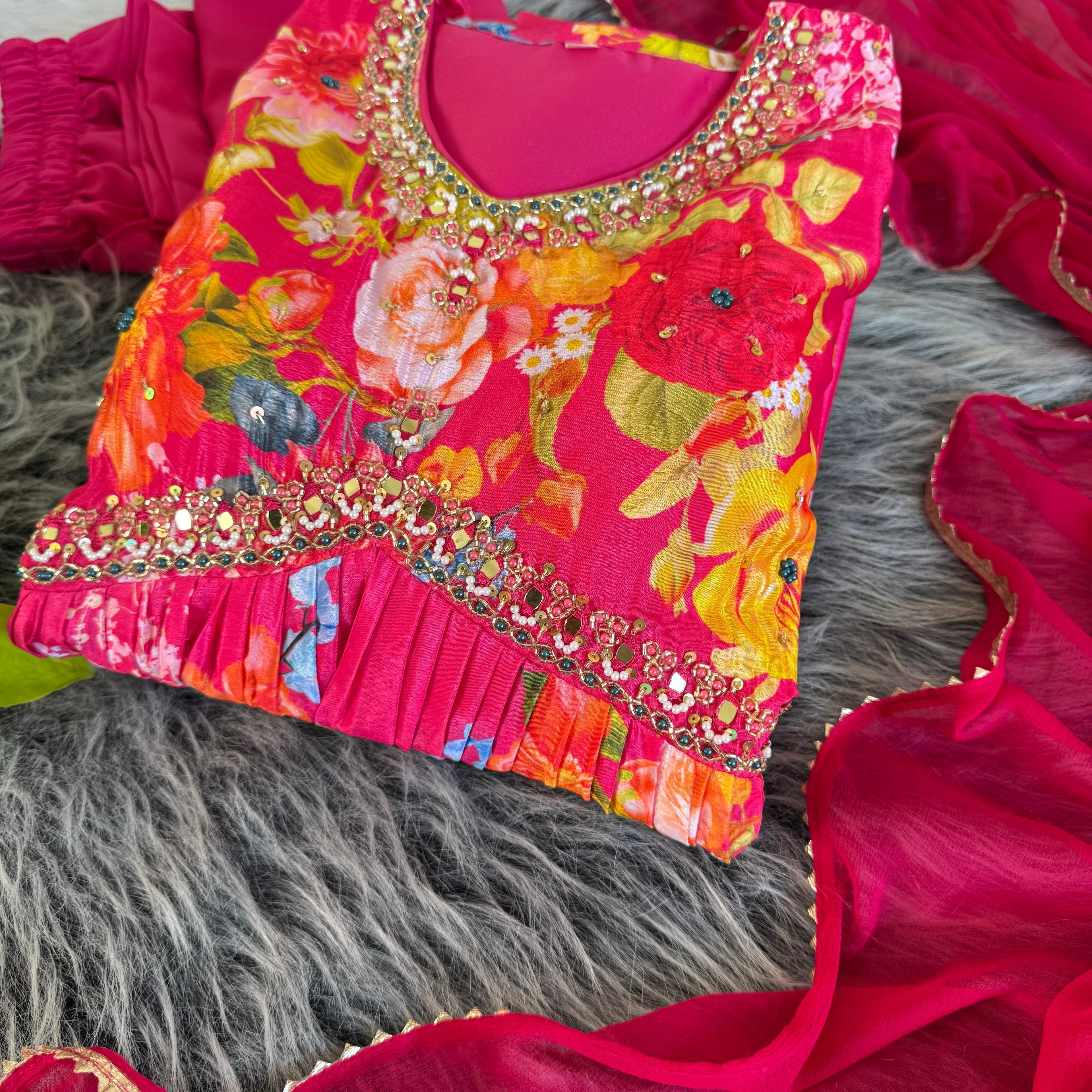 Graceful Pink Floral Printed Handworked Anarkali Pant Suit - Ethnicwish