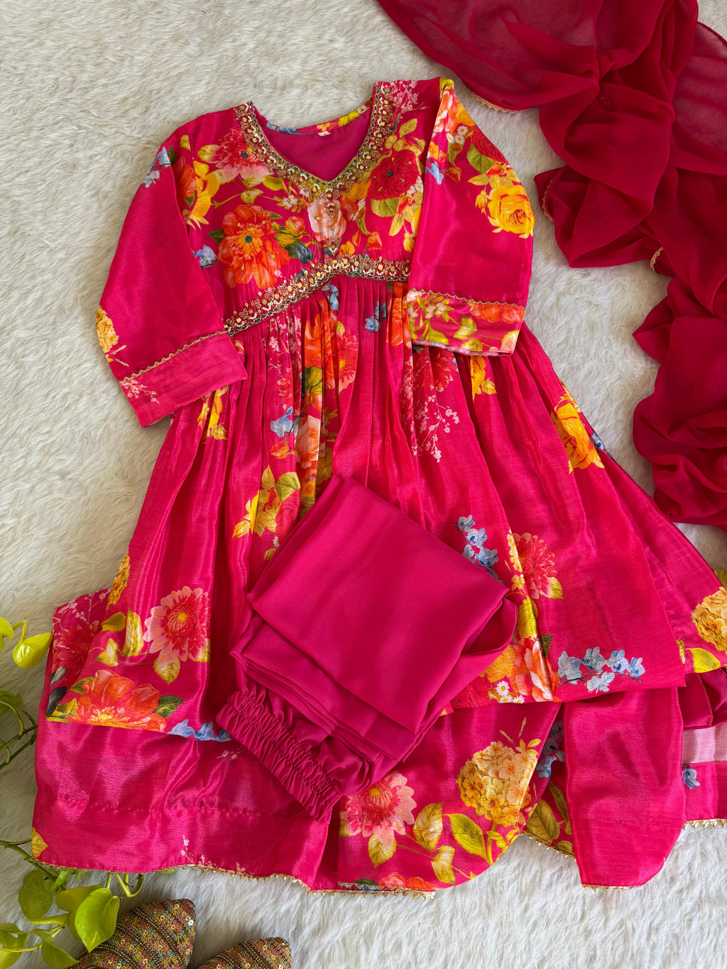 Graceful Pink Floral Printed Handworked Anarkali Pant Suit - Ethnicwish