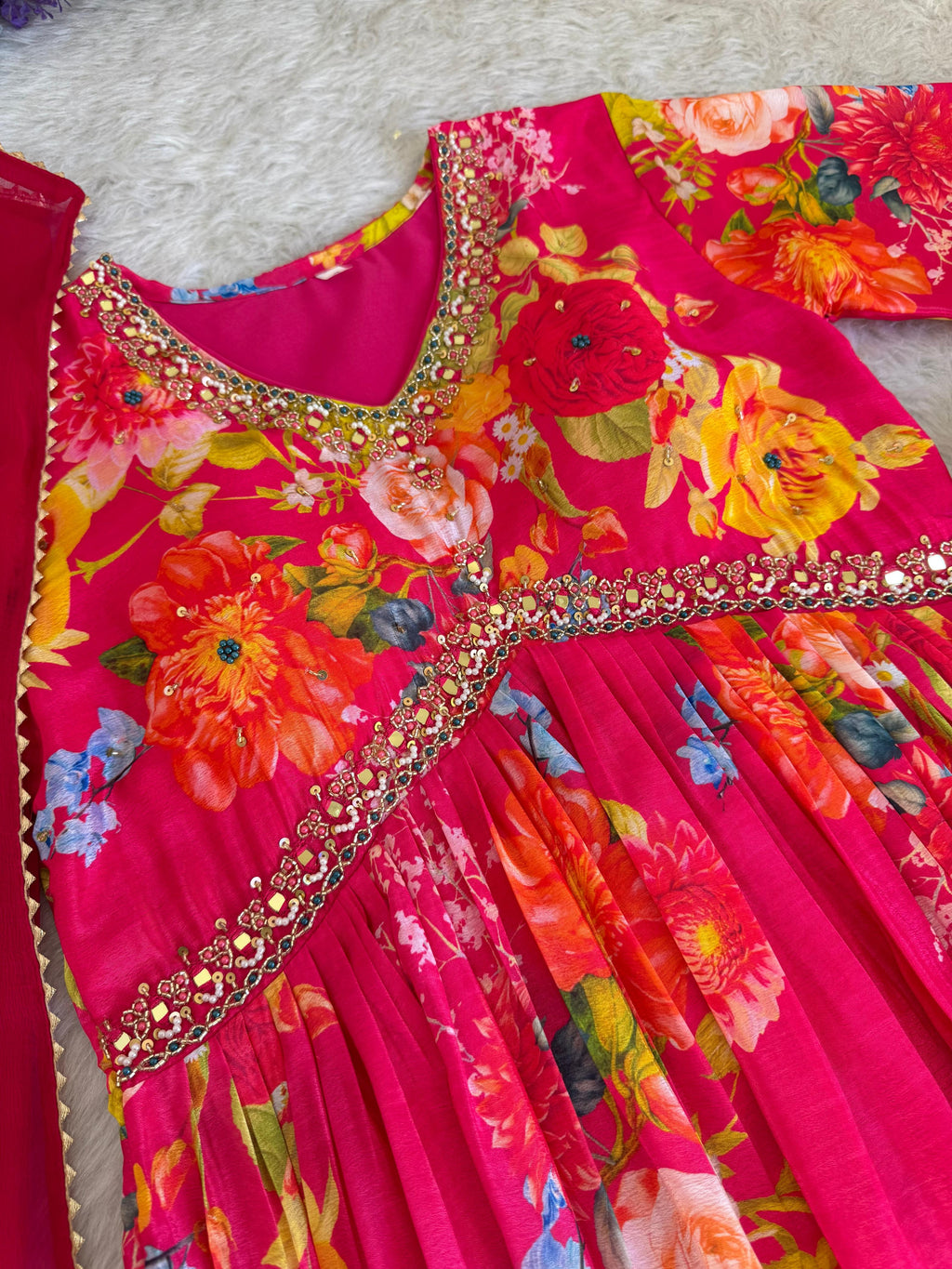 Graceful Pink Floral Printed Handworked Anarkali Pant Suit - Ethnicwish