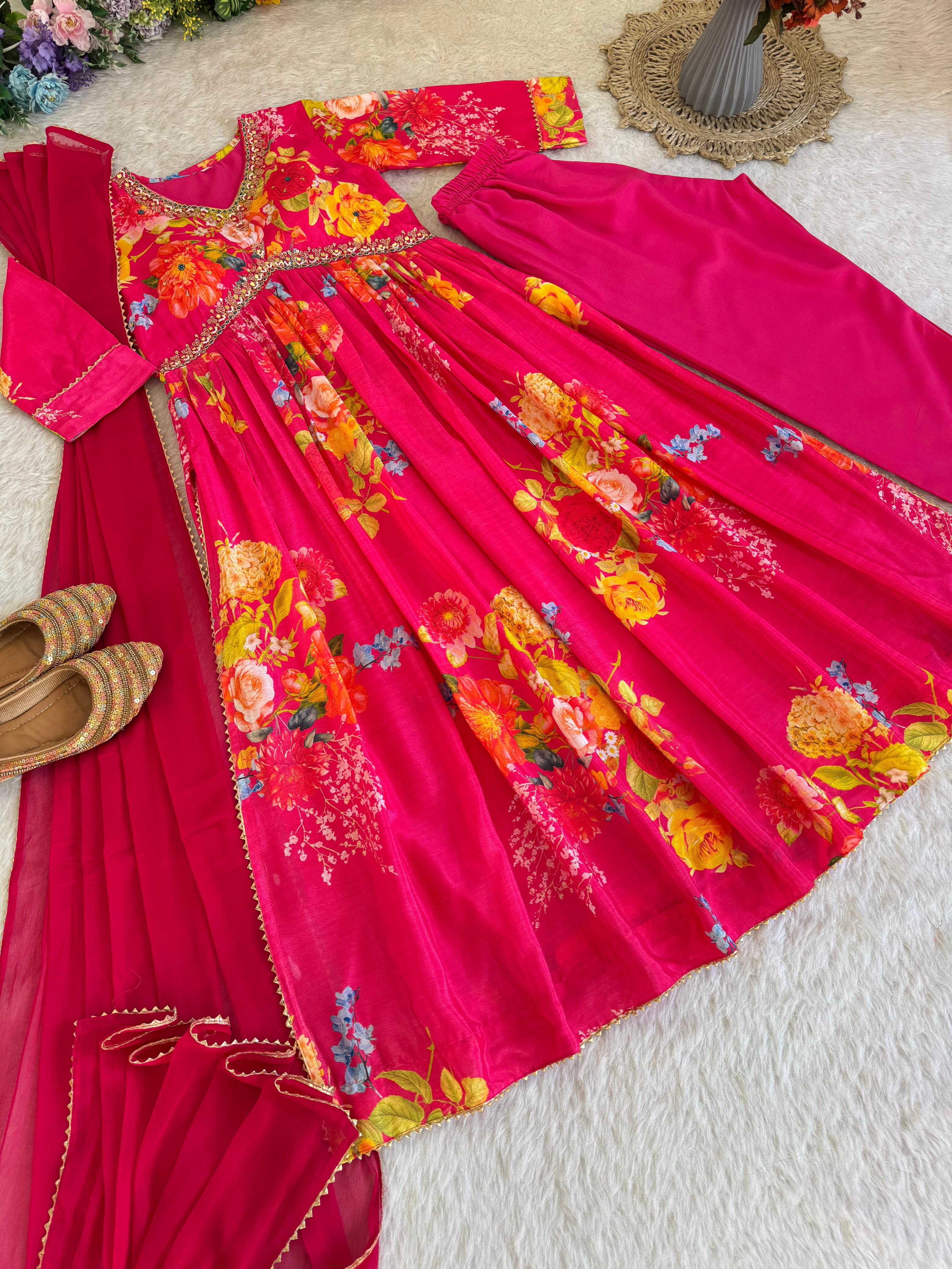 Graceful Pink Floral Printed Handworked Anarkali Pant Suit - Ethnicwish