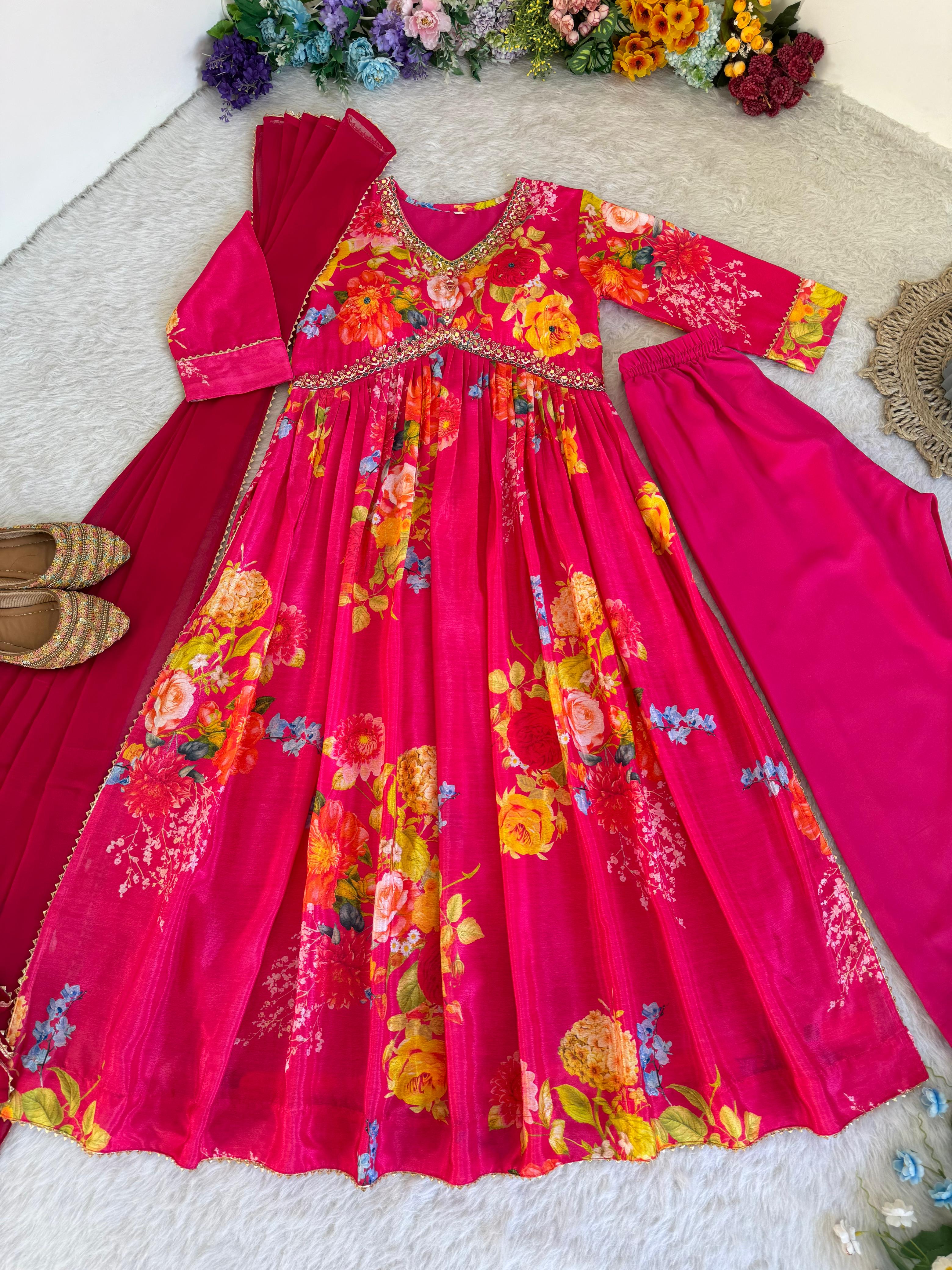 Graceful Pink Floral Printed Handworked Anarkali Pant Suit - Ethnicwish