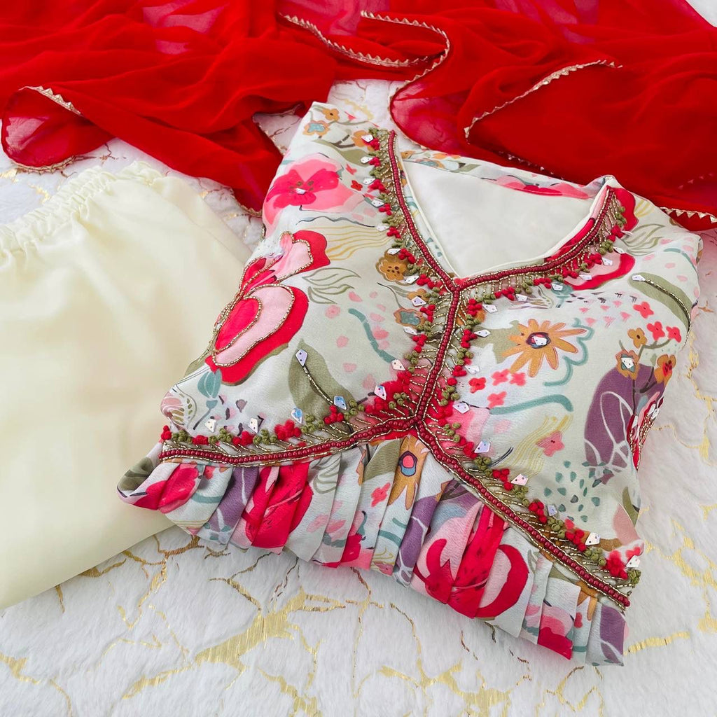 Graceful Soft Chinon Floral Printed Handworked Festive Wear Suit - Ethnicwish