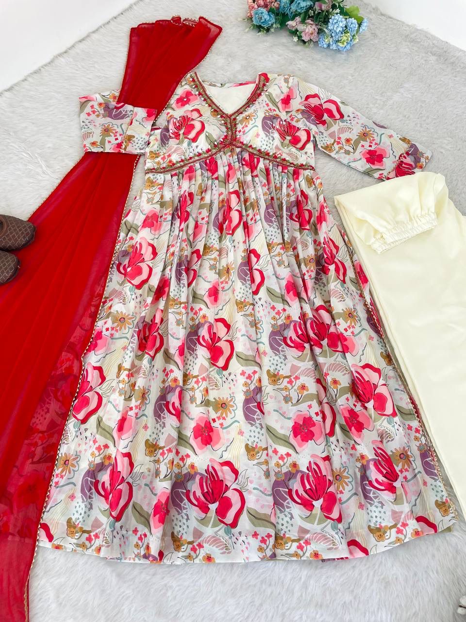 Graceful Soft Chinon Floral Printed Handworked Festive Wear Suit - Ethnicwish