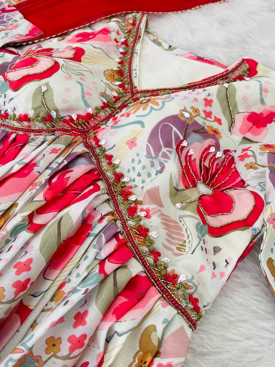 Graceful Soft Chinon Floral Printed Handworked Festive Wear Suit - Ethnicwish