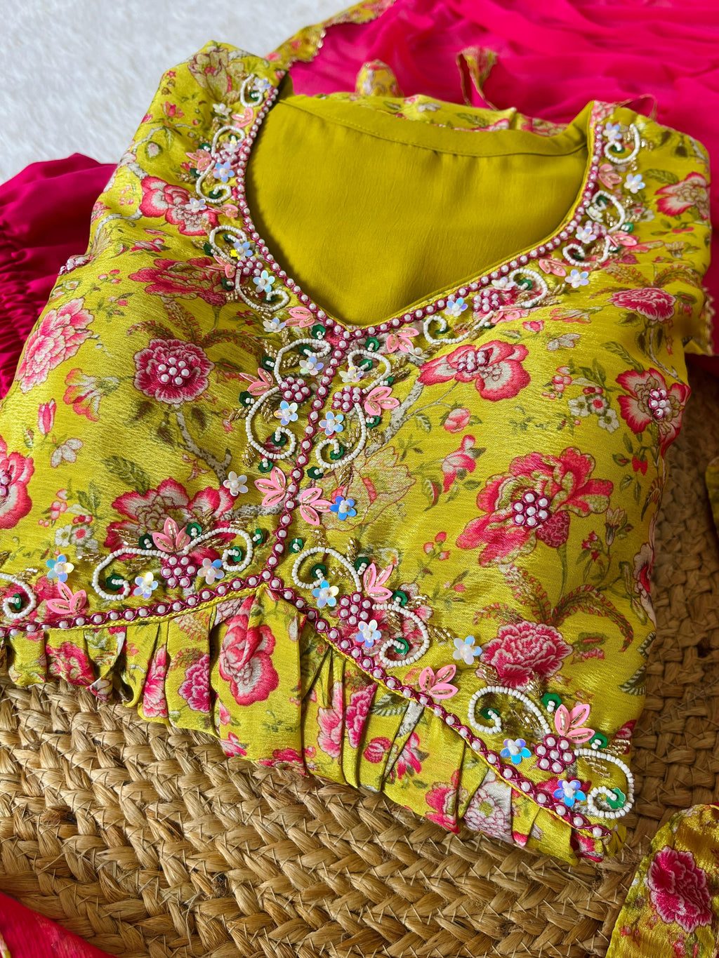 Hypnotic Yellow Soft Chinon Floral Printed Handworked Anarkali Pant Suit - Ethnicwish