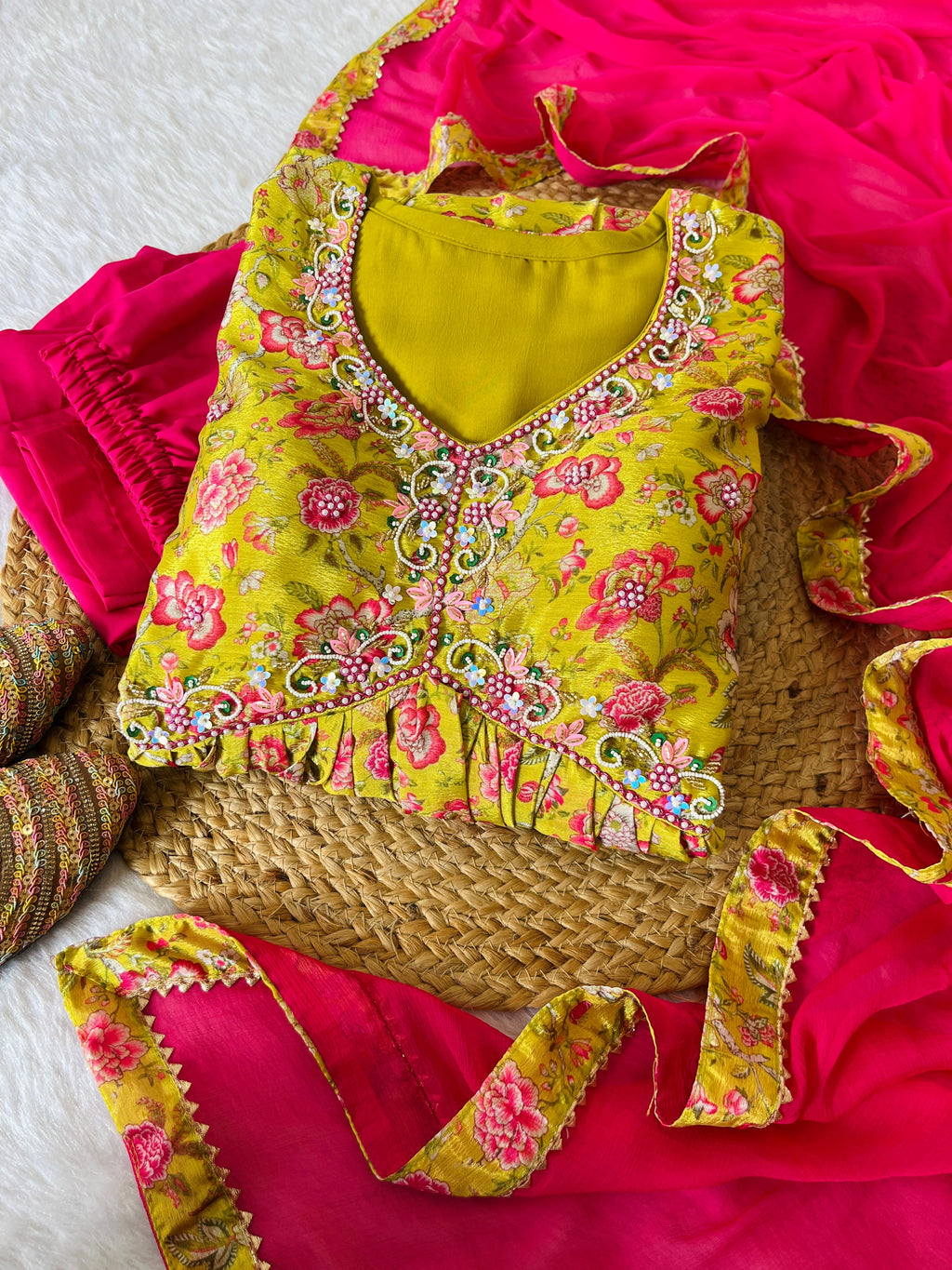 Hypnotic Yellow Soft Chinon Floral Printed Handworked Anarkali Pant Suit - Ethnicwish